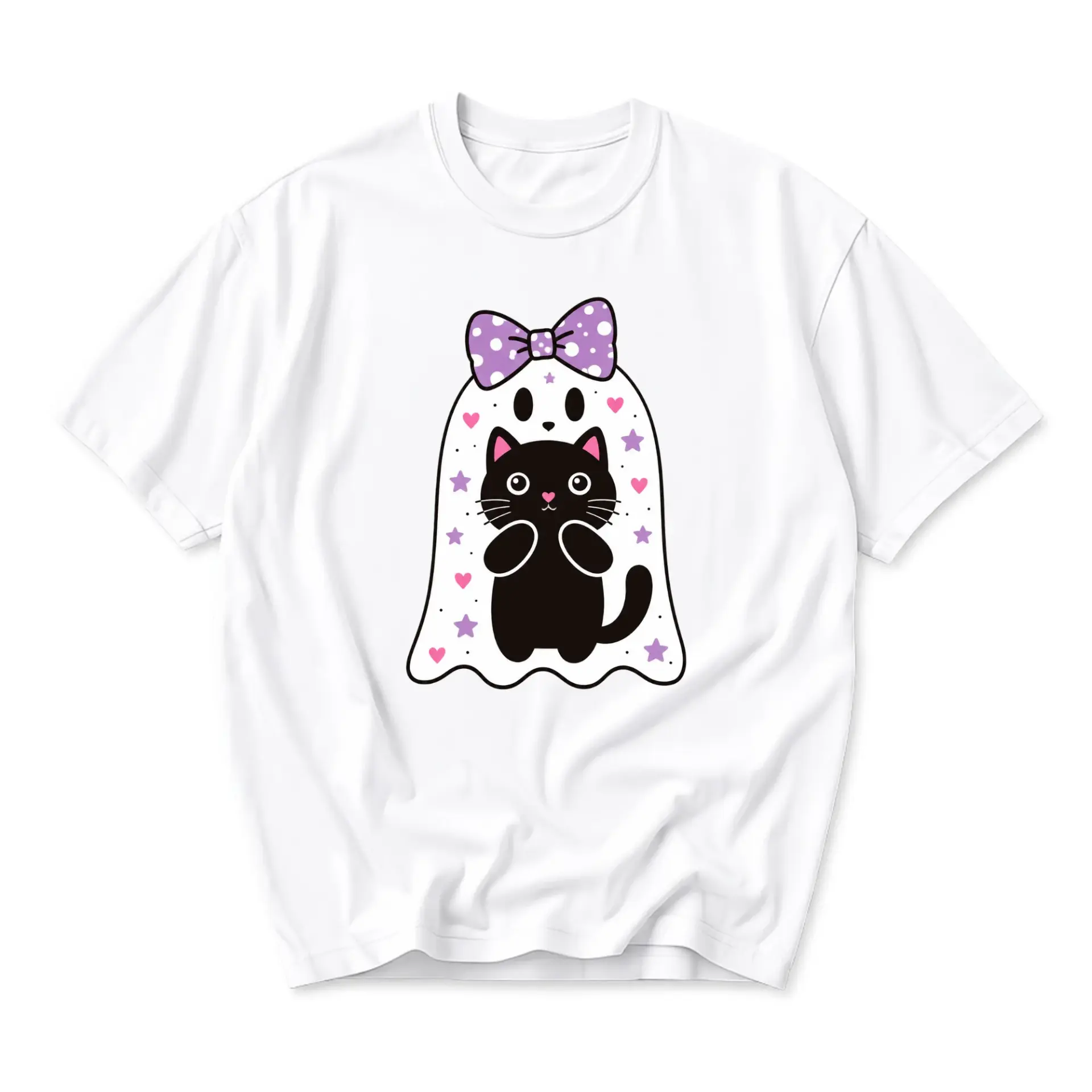Graphic Tee Cute Black Cat in Ghost Costume with Purple Polka Dot Bow Print Unisex Casual Crew Neck White T-Shirt