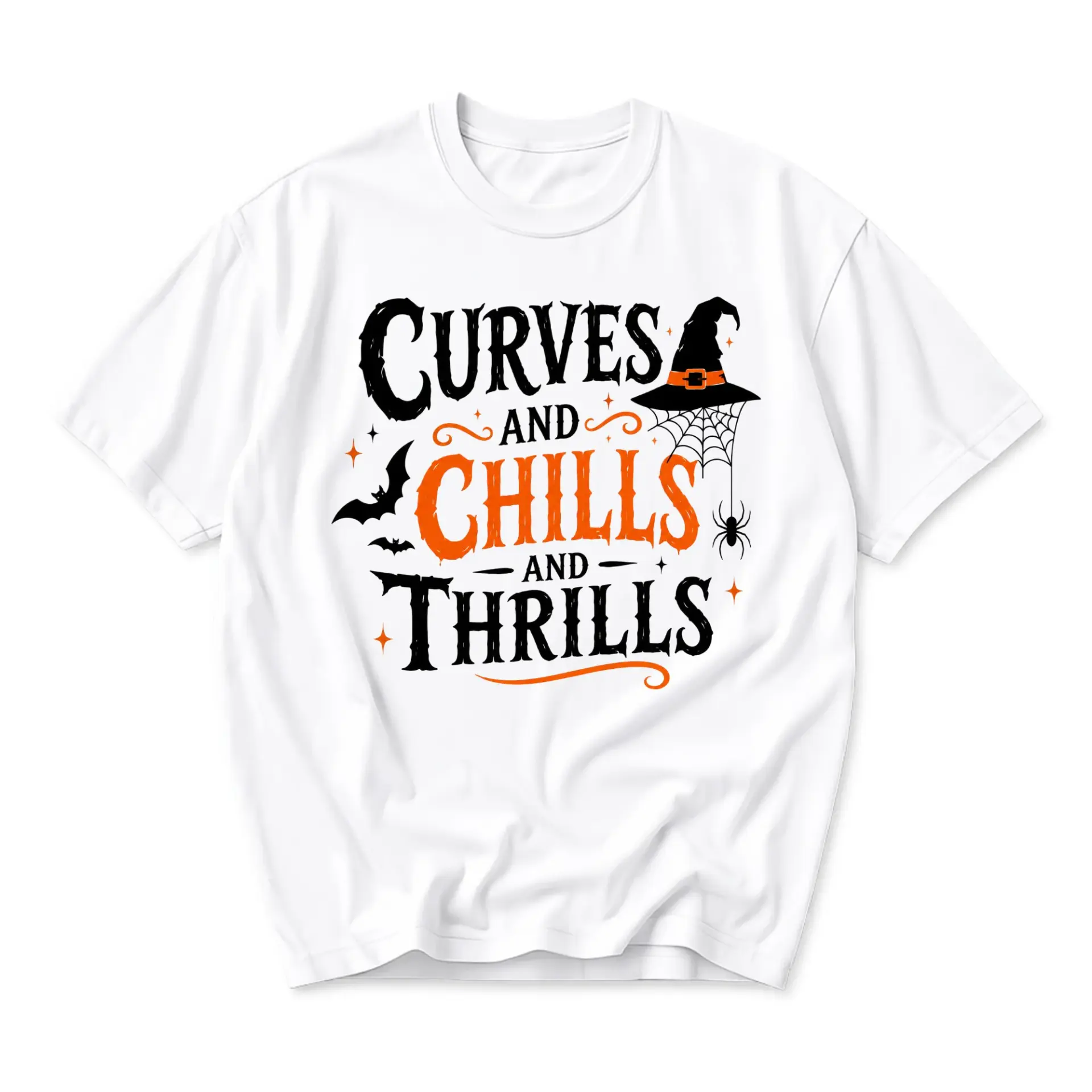 Graphic Tee Curves and Chills and Thrills Halloween Unisex Crew Neck Casual Everyday Short Sleeve Shirt White