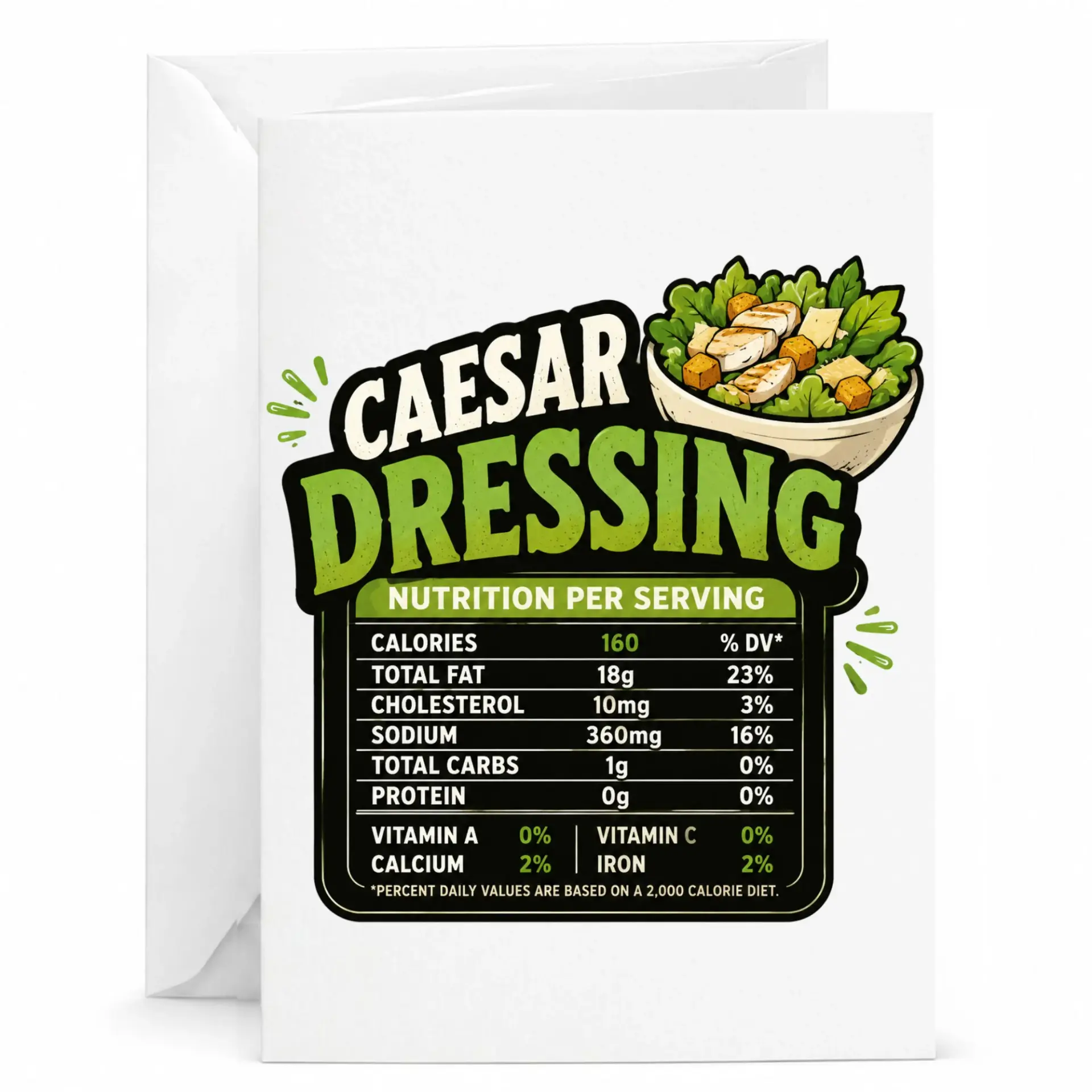 Funny Caesar Dressing Food Pun Greeting Card for Salad Lovers with Nutrition Facts Label Design 5x7 Inches