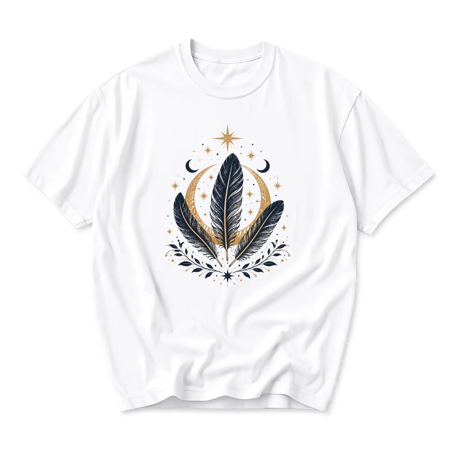 Graphic Tee Unisex Celestial Feather Design Shirt Modern Bohemian Style Short Sleeve Casual Crew Neck Apparel White