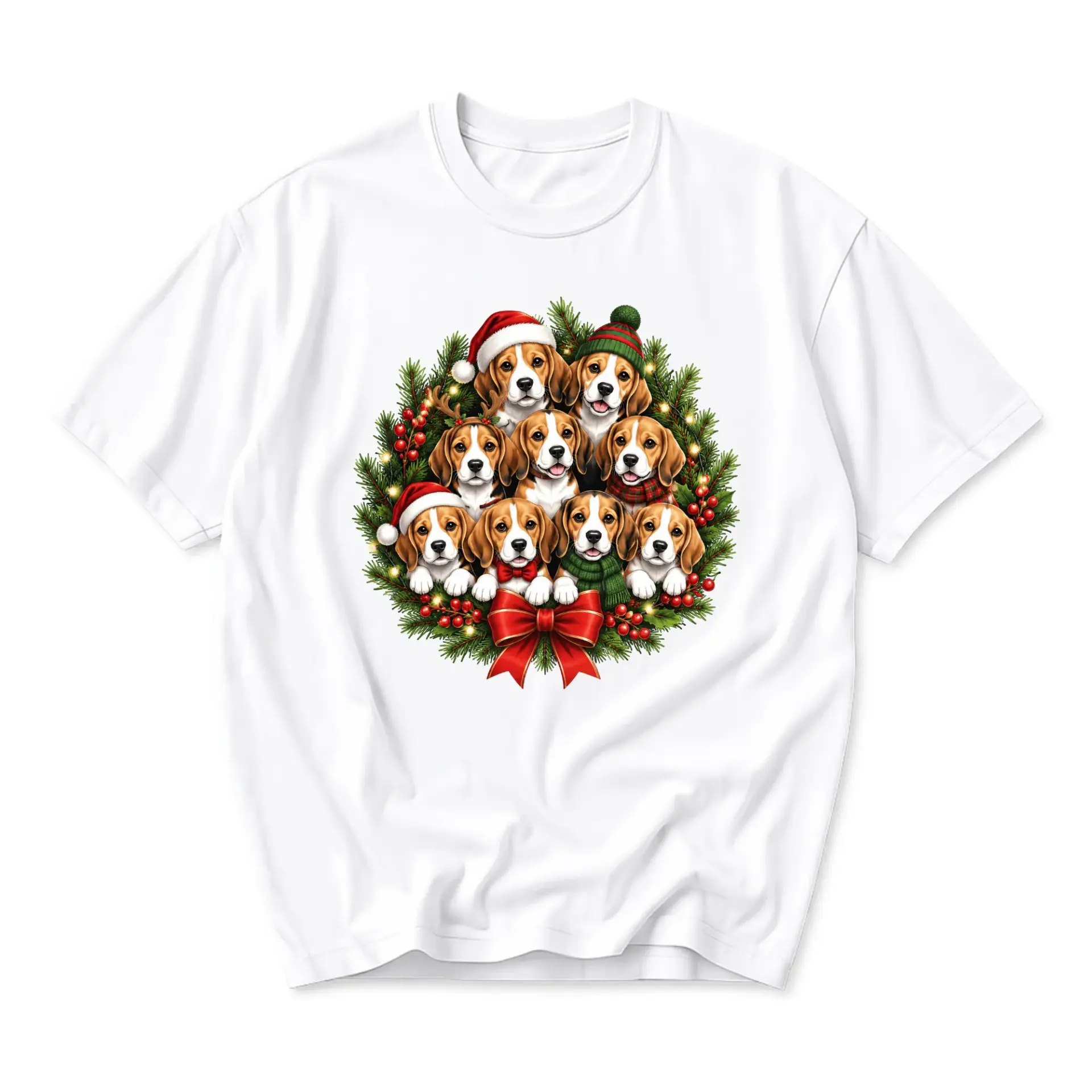 Graphic Tee Featuring Festive Beagle Puppies Wreath Illustration Unisex