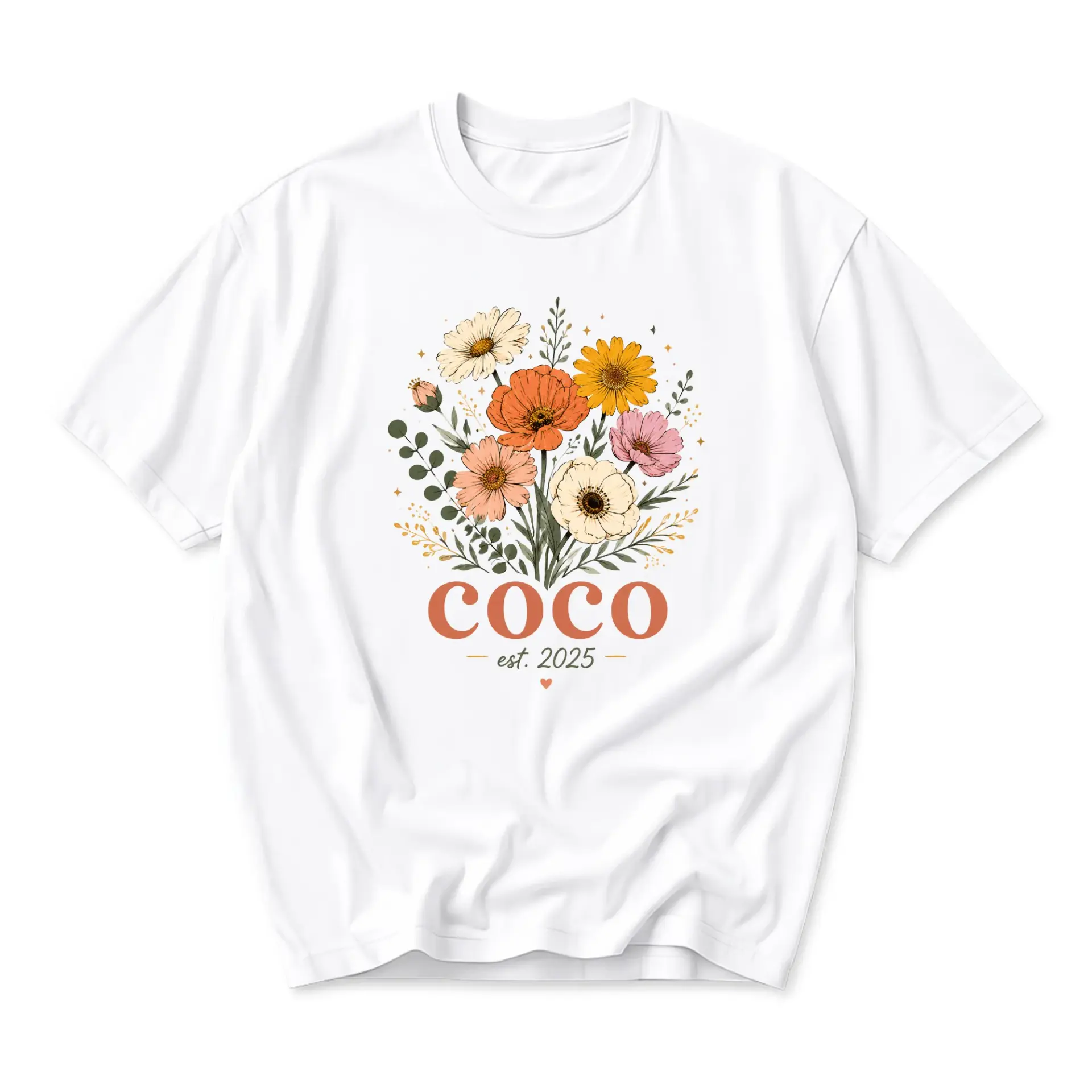 Graphic Tee Coco Est 2025 Floral Bouquet Unisex Crew Neck Shirt Comfortable Casual Everyday Cotton Blend Apparel