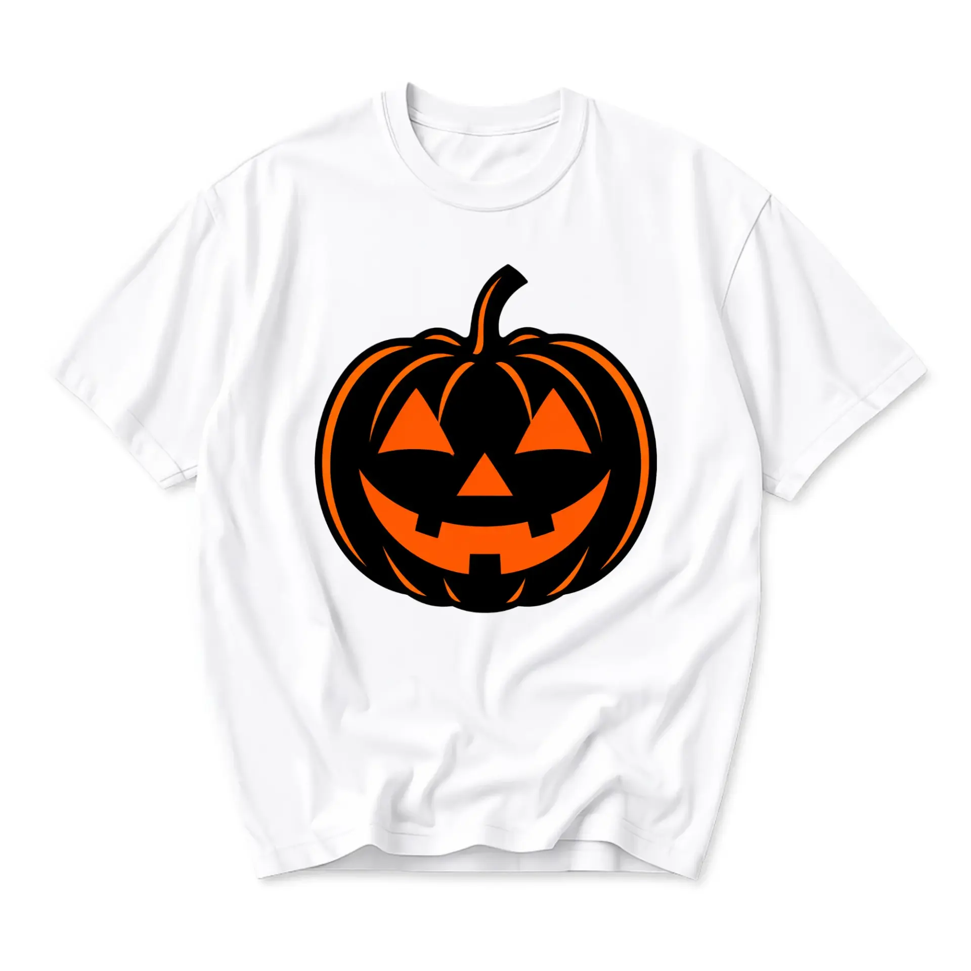 Graphic Tee Unisex Crew Neck T-Shirt Featuring a Vibrant Orange and Black Jack O Lantern Pumpkin Design for Fall Wear