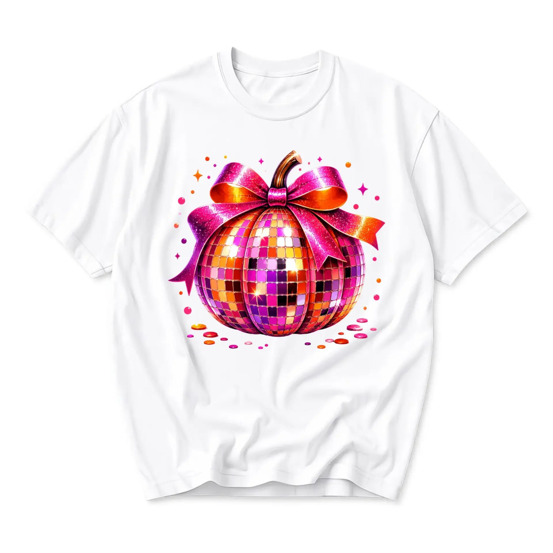 Graphic Tee Unisex Crew Neck T-Shirt Featuring a Sparkly Pink Disco Ball Pumpkin with a Vibrant Decorative Gift Bow