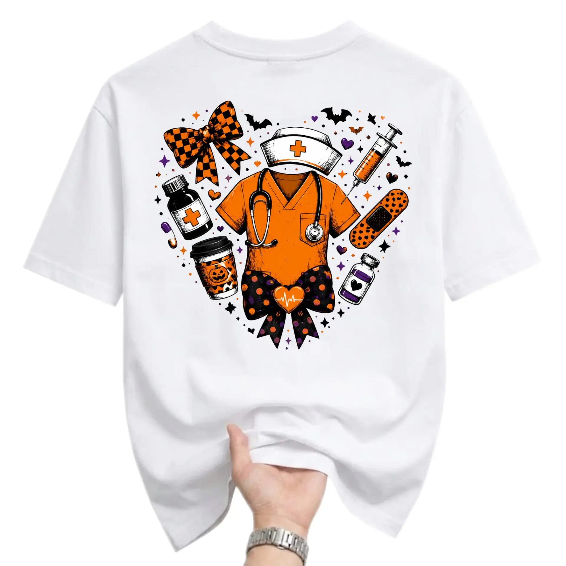 Graphic Tee Unisex Crew Neck T-Shirt Featuring Spooky Nurse Theme with Heart Shaped Medical and Fall Motifs