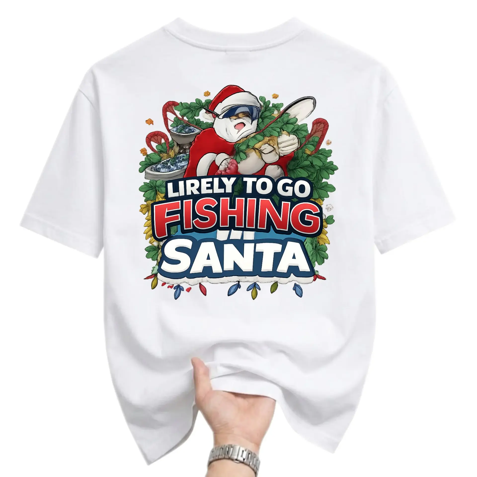 Funny Shirt Unisex Graphic Printed T-Shirt Featuring Santa Claus Enjoying a Relaxing Fishing Trip Holiday Design