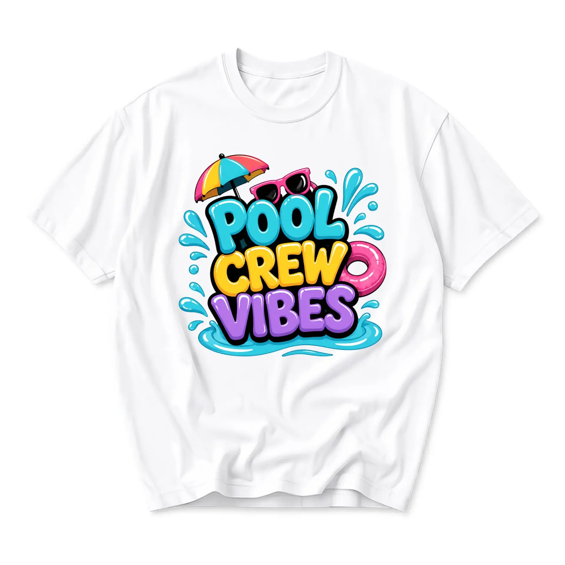 Graphic Tee Pool Crew Vibes T-Shirt Summer Beach Theme Unisex Casual Apparel White Cotton Blend Everyday Shirt