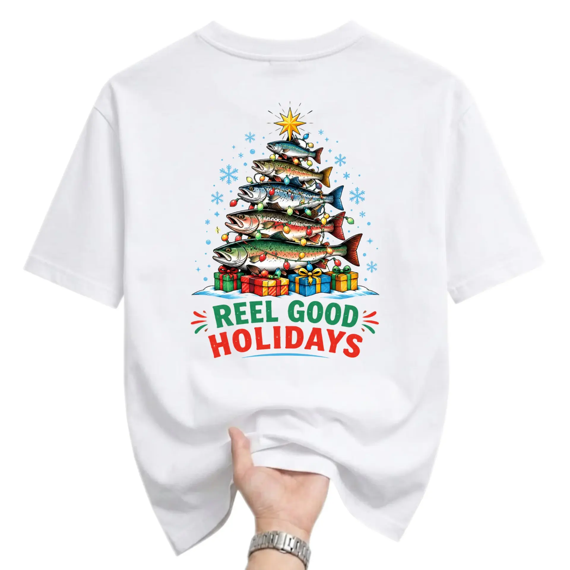 Funny Shirt Reel Good Holidays Fishing Christmas Tree Graphic Tee Unisex Casual Crew Neck Comfortable Cotton Blend