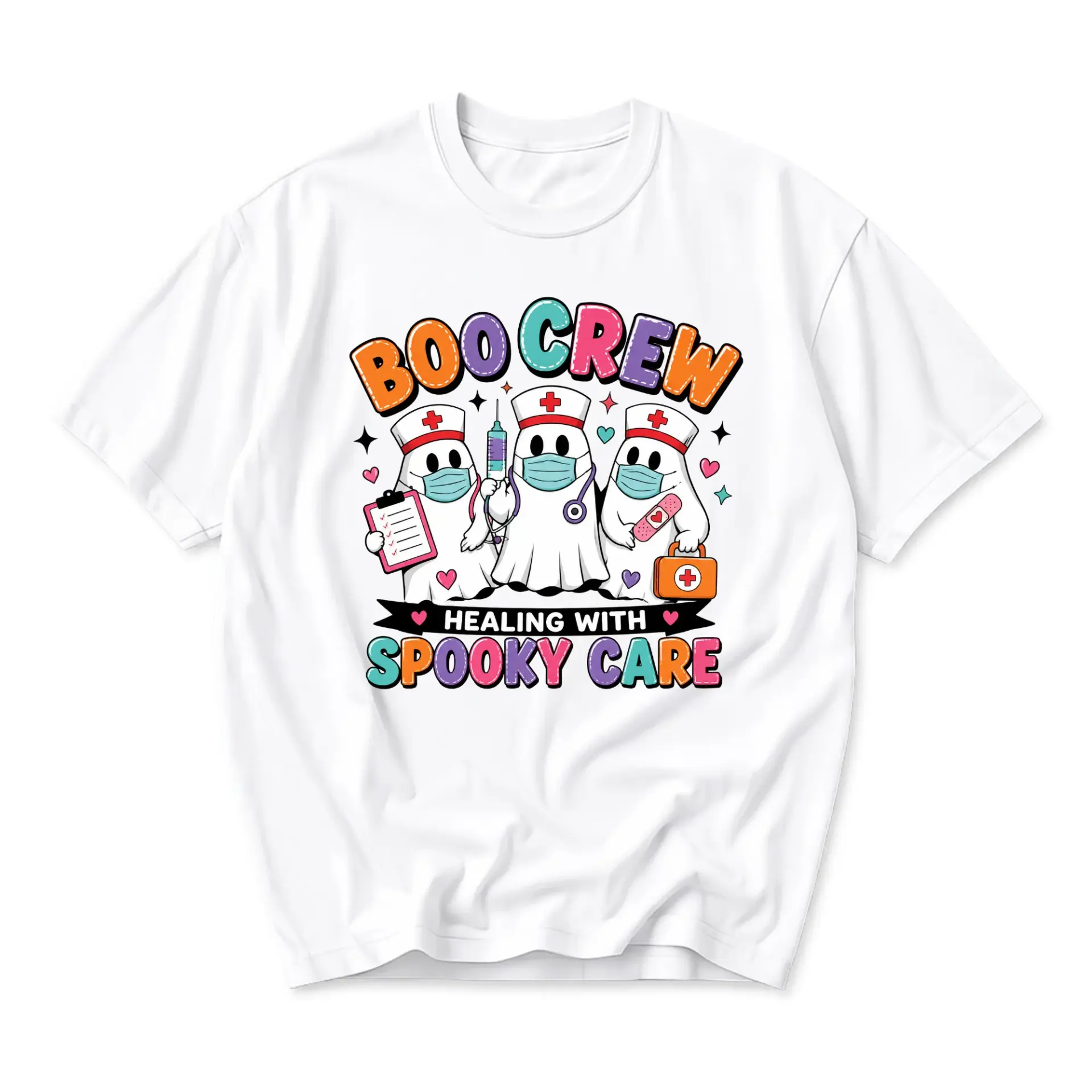 Funny Shirt Boo Crew Healing with Spooky Care Nurse Ghost Graphic Tee Unisex Crew Neck Casual Everyday Wear Soft Top
