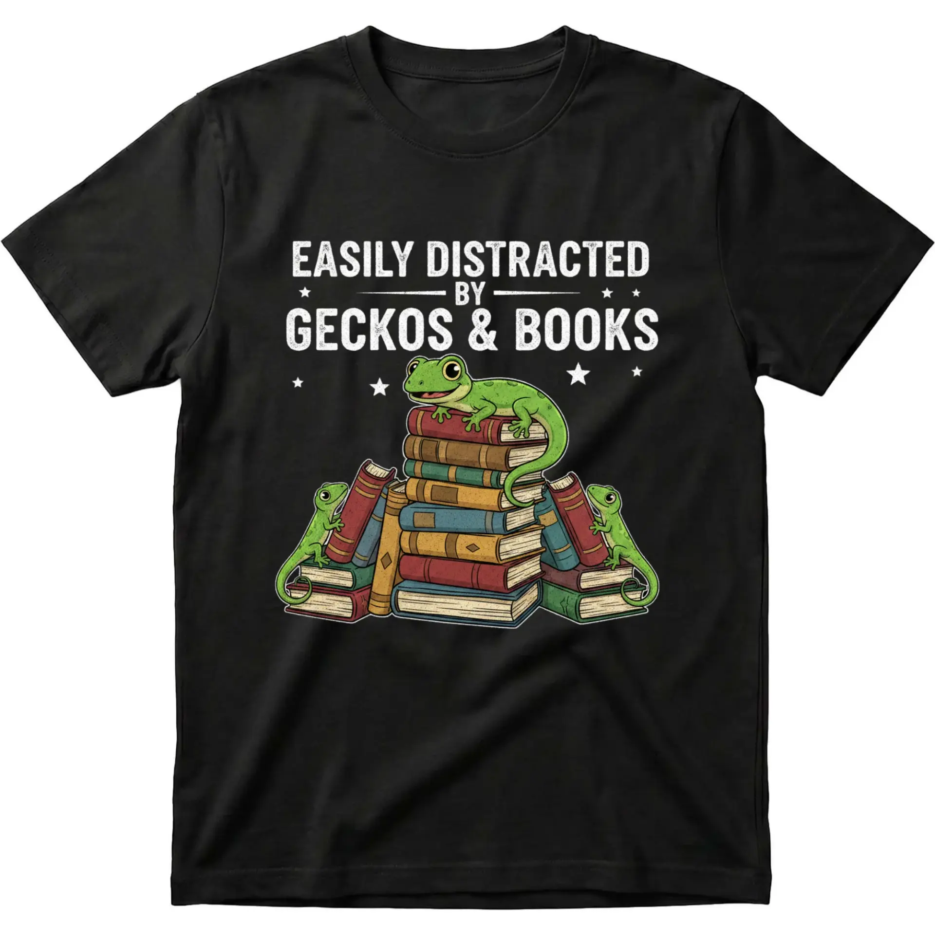 Funny Graphic Tee Easily by Geckos and Books Unisex Crew Neck Casual Shirt for Reptile Reading Lovers