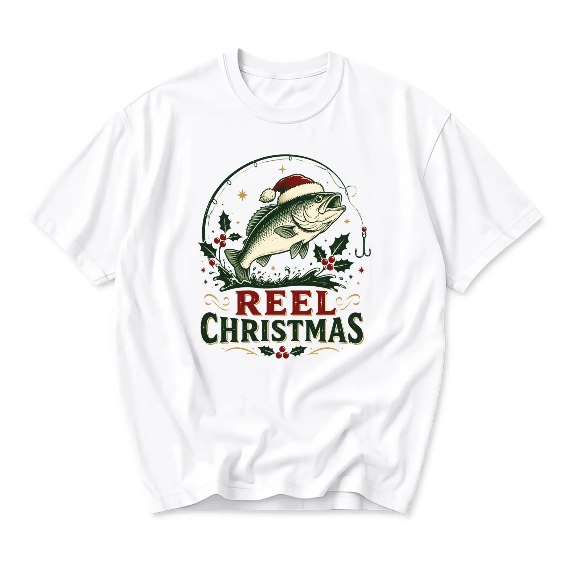 Funny Shirt Reel Christmas Fishing Graphic Tee Holiday Season Sport Lover