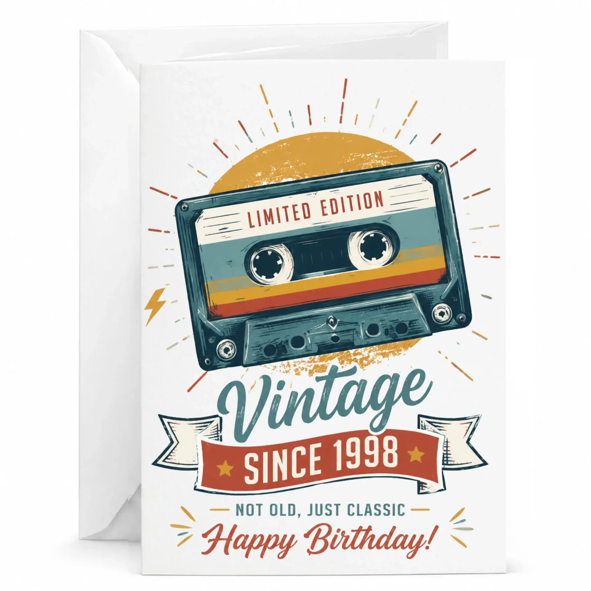 Birthday Card Vintage Since 1998 Funny Retro Cassette Tape Design Greeting Card for Milestone Birthdays