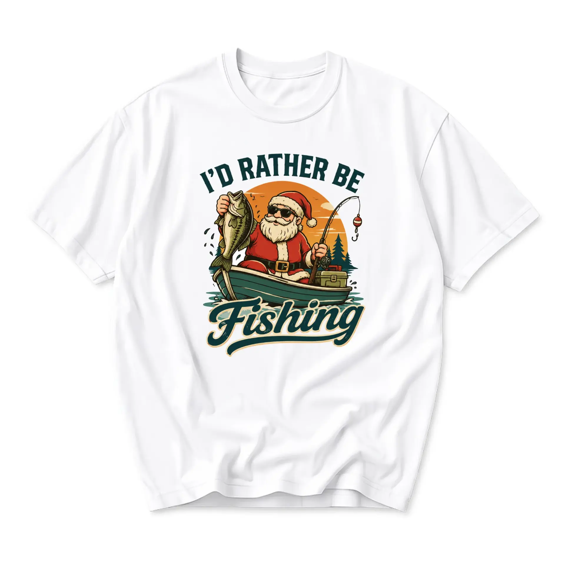 Funny Shirt I'd Rather Be Fishing Santa Graphic Tee Holiday Fisherman Gift