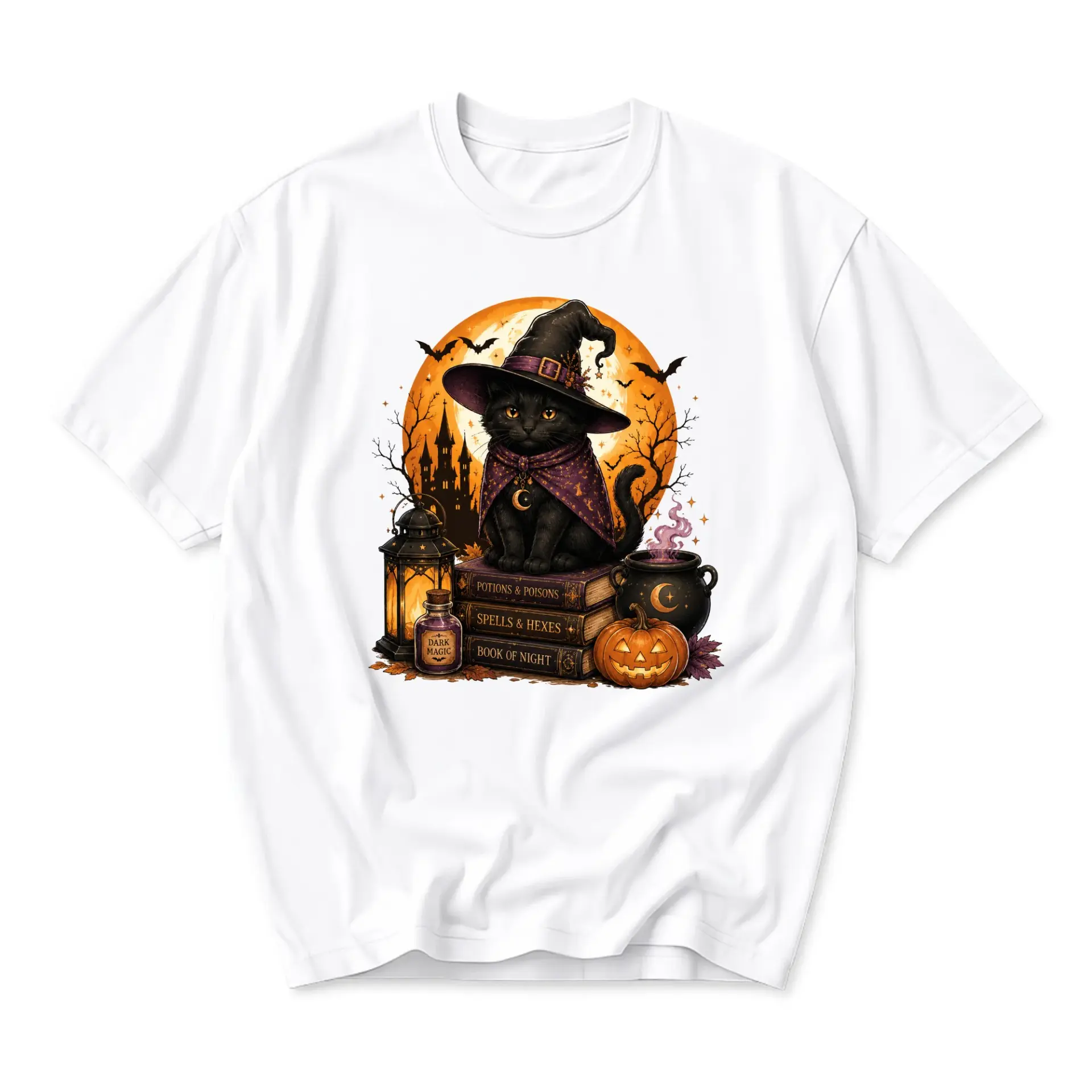 Graphic Tee Black Cat Wearing Witch Hat Autumn Halloween Illustration Unisex Crew Neck Soft Cotton Casual Shirt