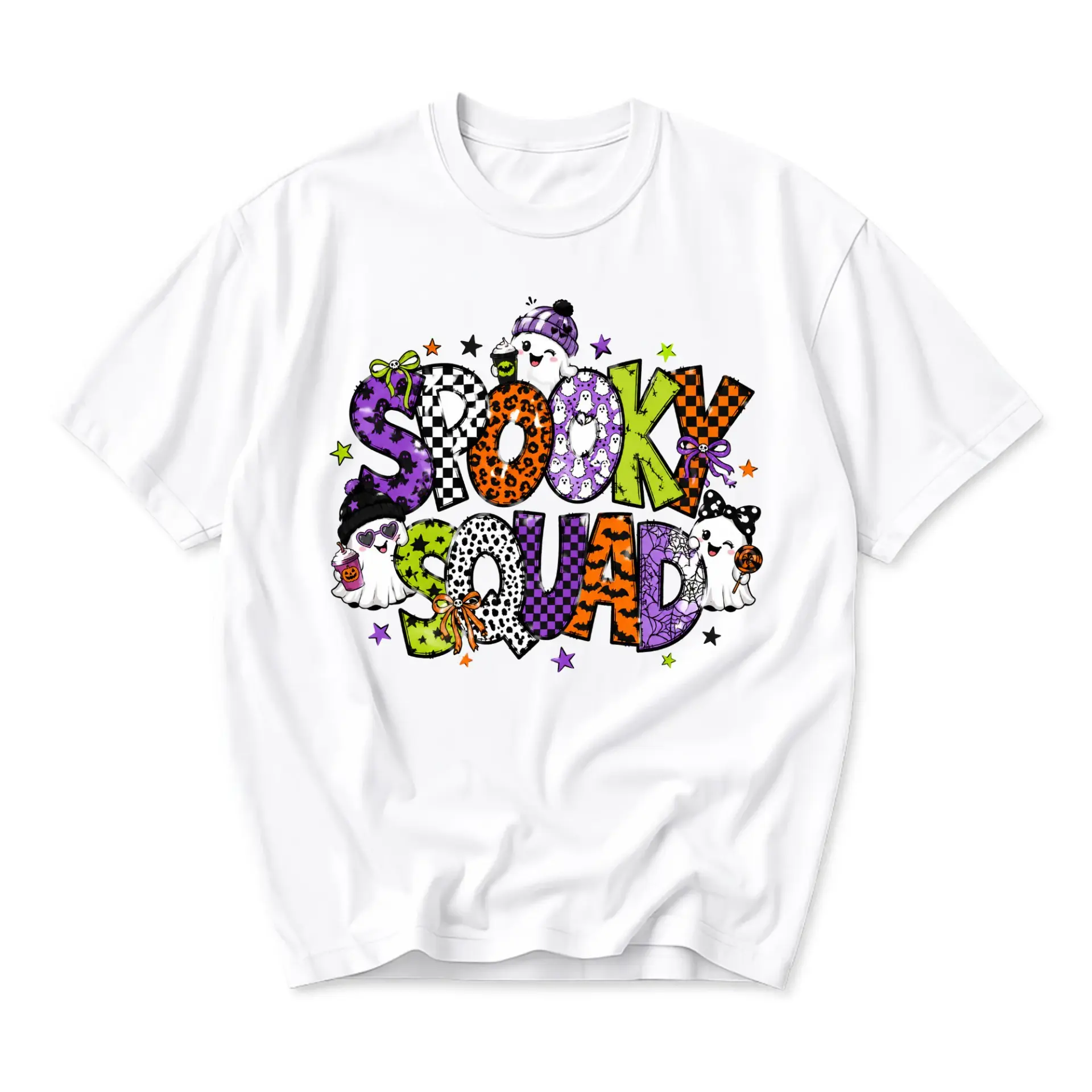 Funny Shirt Spooky Squad Ghost Graphic Tee Casual Unisex Crew Neck Seasonal Holiday Apparel Soft Cotton Blend Top