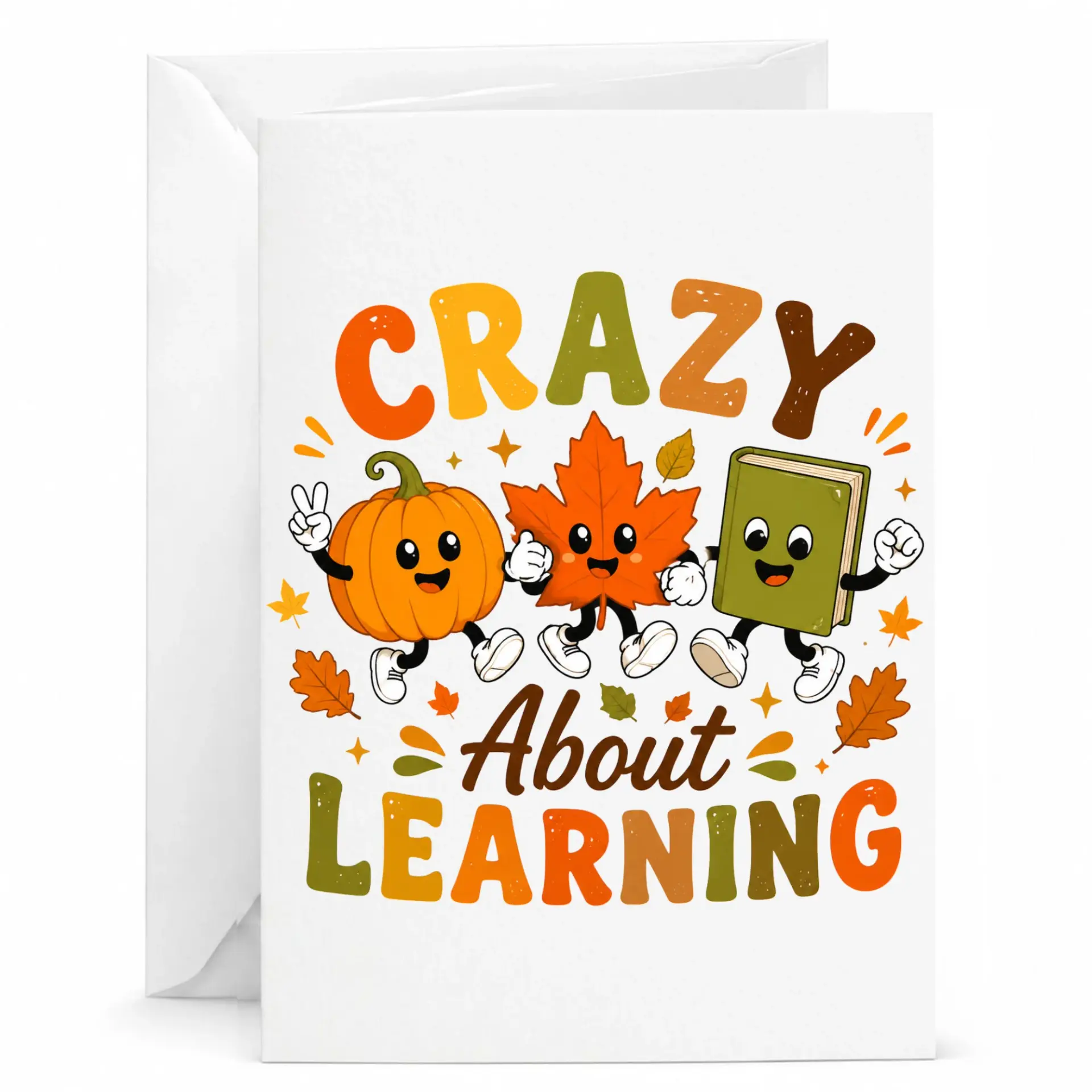 Greeting Card Crazy About Learning Fall Autumn Season Theme with Cute Pumpkin and Book Cartoon Illustration