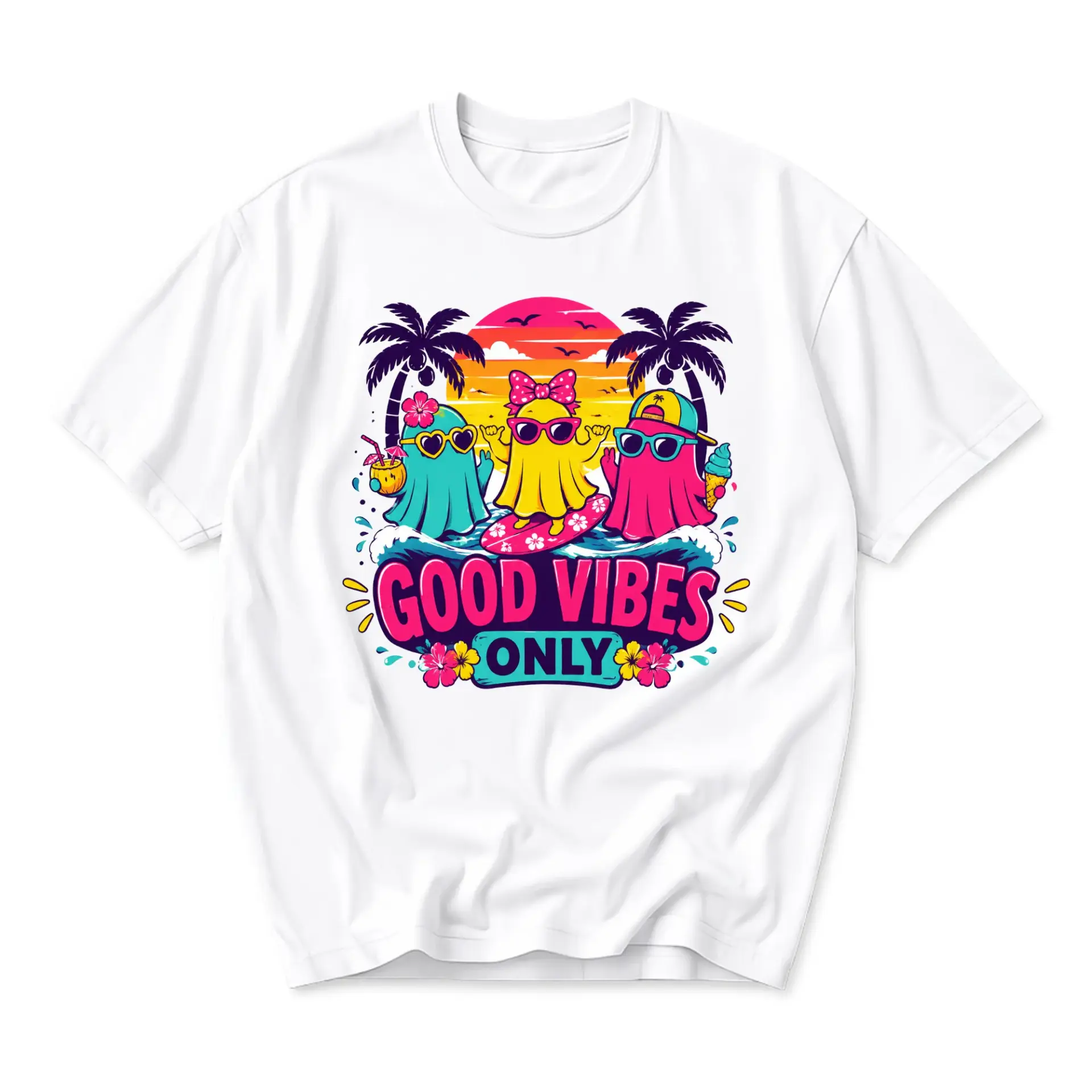 Graphic Tee Good Vibes Only Summer Beach Tropical Ghost Unisex Crew Neck Casual Everyday Printed Cotton T-Shirt