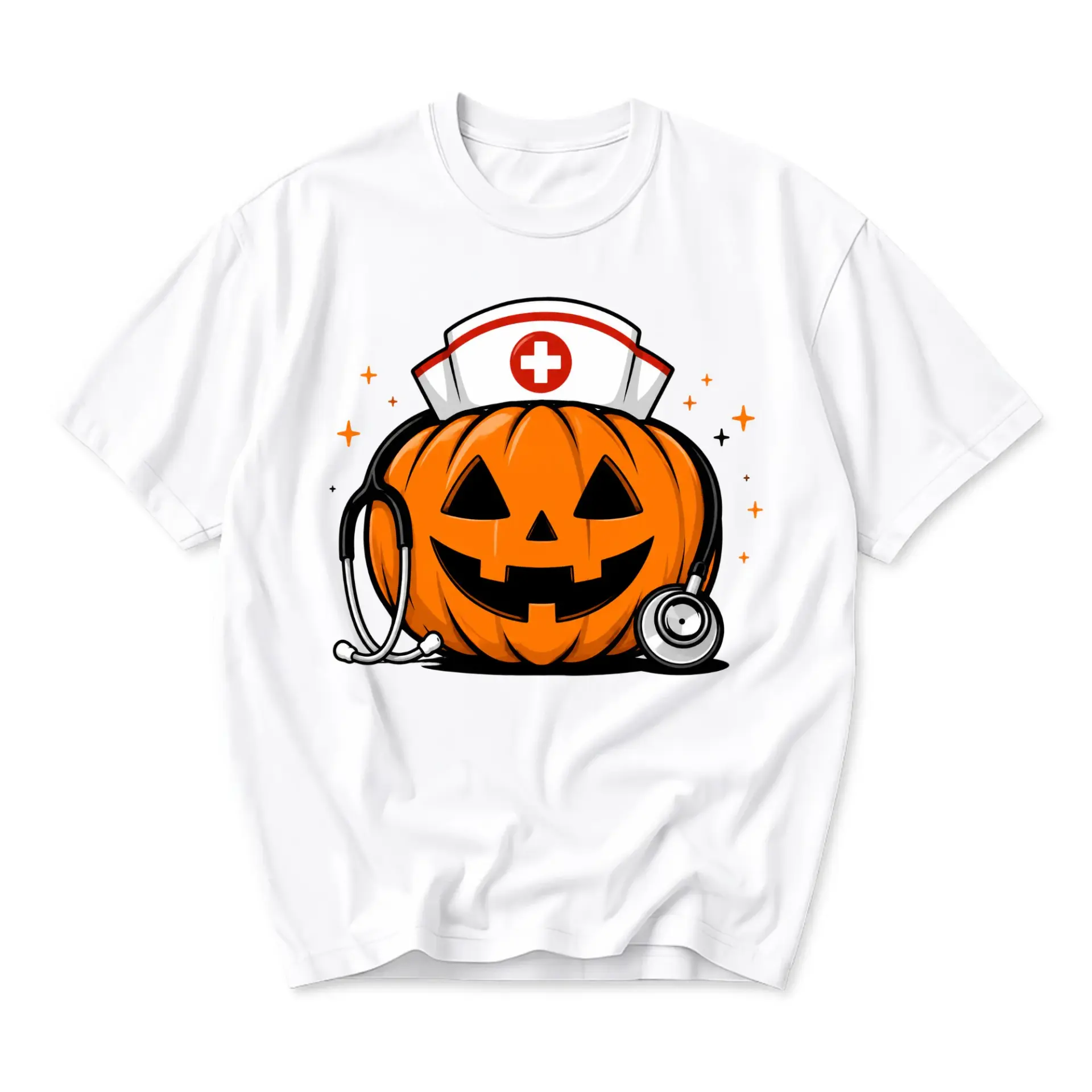 Funny Shirt Halloween Nurse Pumpkin Stethoscope Graphic Tee Unisex Crew Neck Casual Everyday Wear Soft Cotton Blend