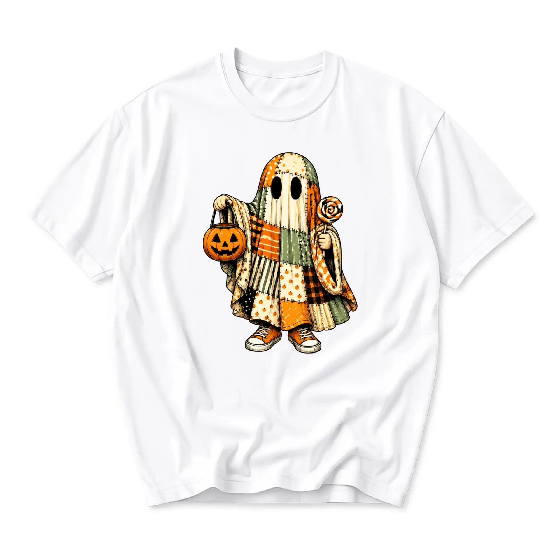 Graphic Tee Unisex Crew Neck T-Shirt Featuring a Cute Patchwork Ghost Design Holding a Pumpkin Bucket and a Swirl Lollipop