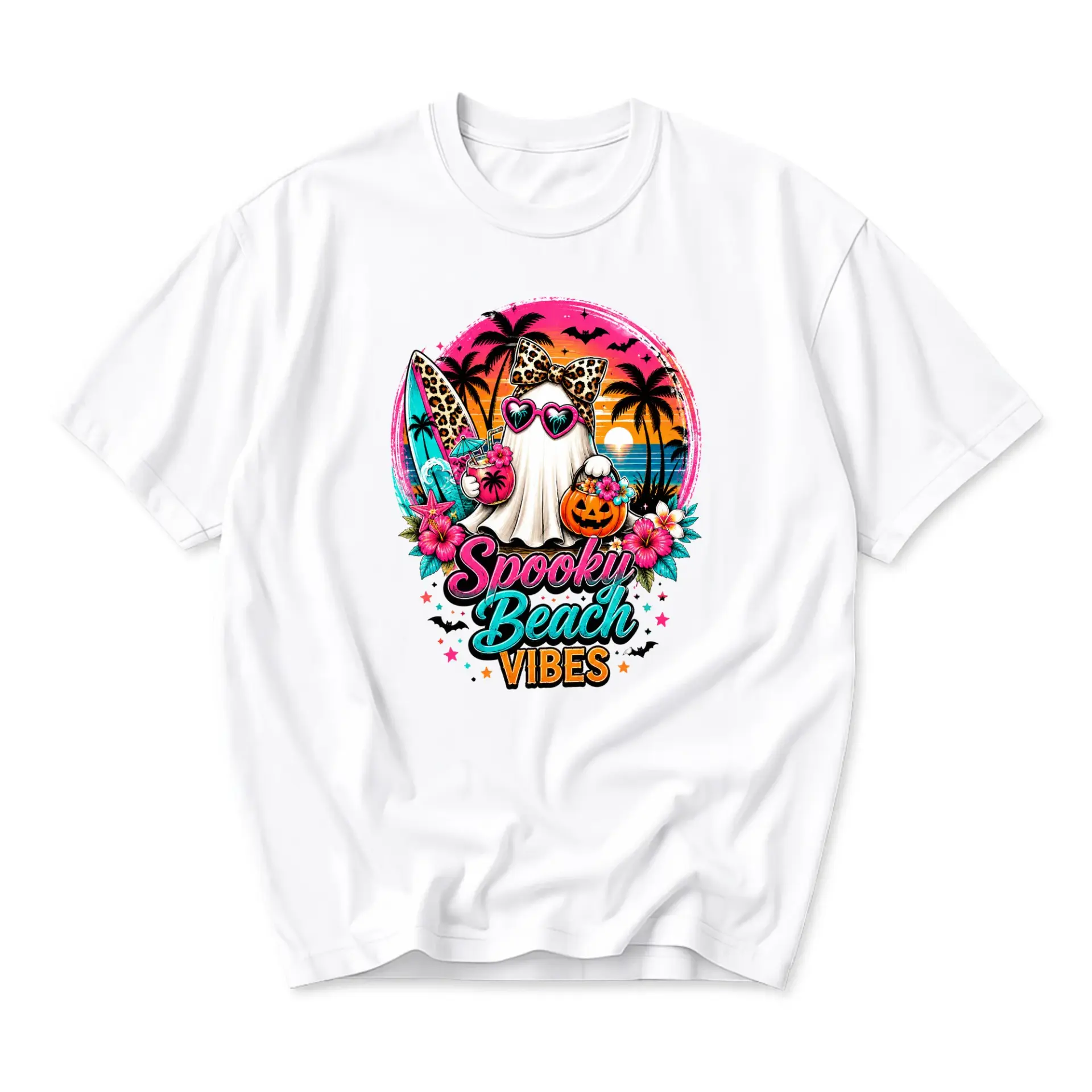 Funny Shirt Spooky Beach Vibes Graphic Tee Tropical Ghost Summer Halloween Unisex Crew Neck Cotton Blend Casual Apparel