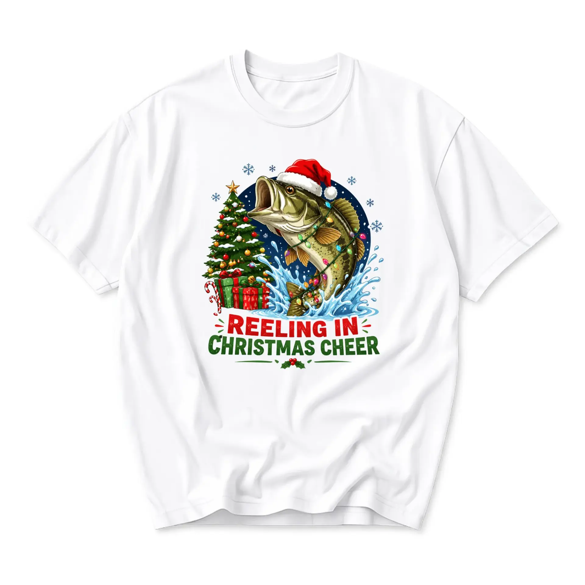 Funny Shirt Reeling in Christmas Cheer Graphic Tee for Fisherman Holiday Enthusiasts Unisex Crew Neck Cotton Top