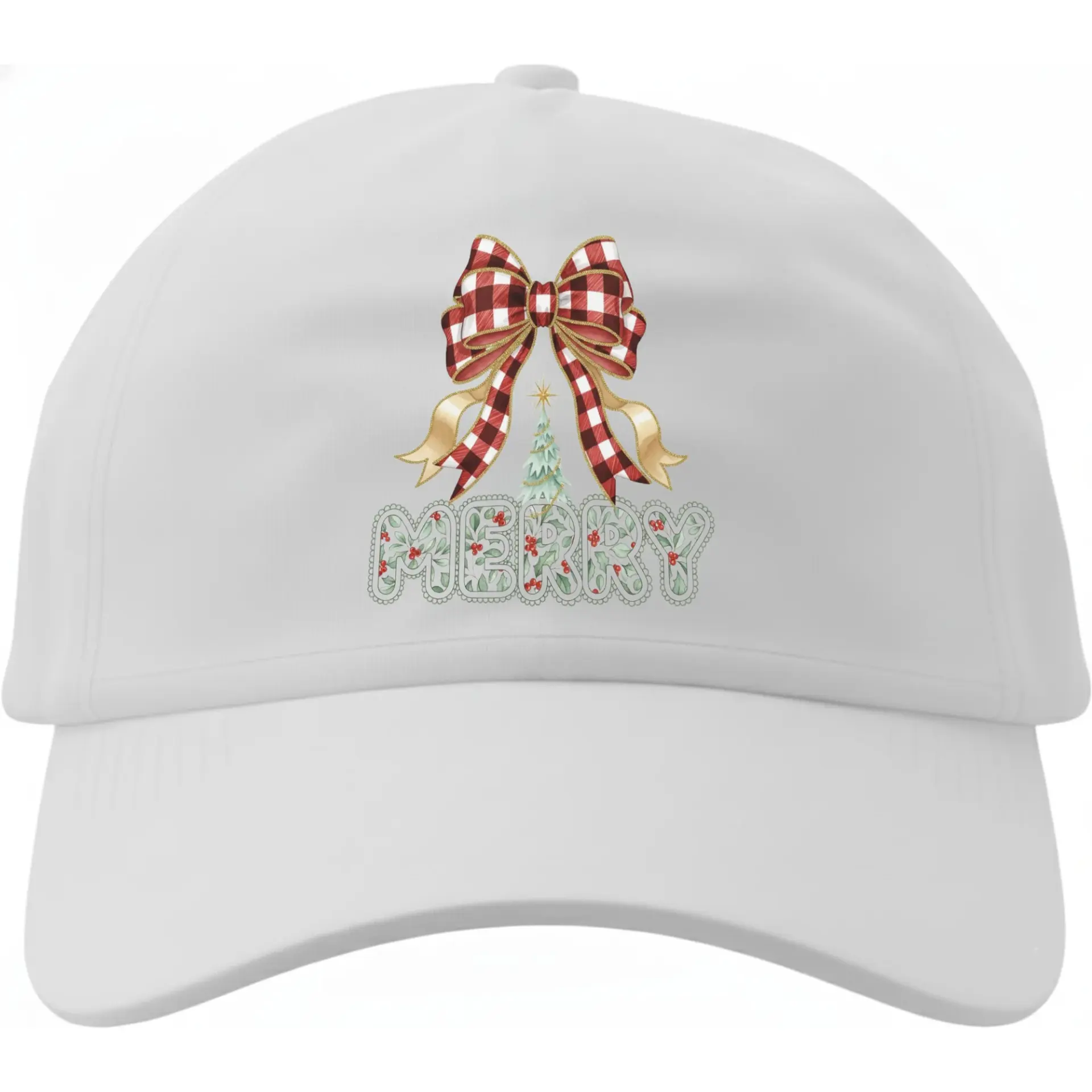 Baseball Cap Holiday Design with Plaid Bow and Festive Text Graphic White Unisex Sun Protection Hat for Casual Wear