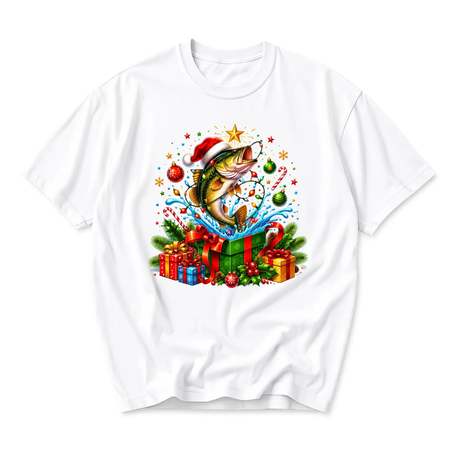 Graphic Tee Christmas Fishing Shirt Festive Holiday Apparel for Men and Women Casual Short Sleeve Crewneck Top