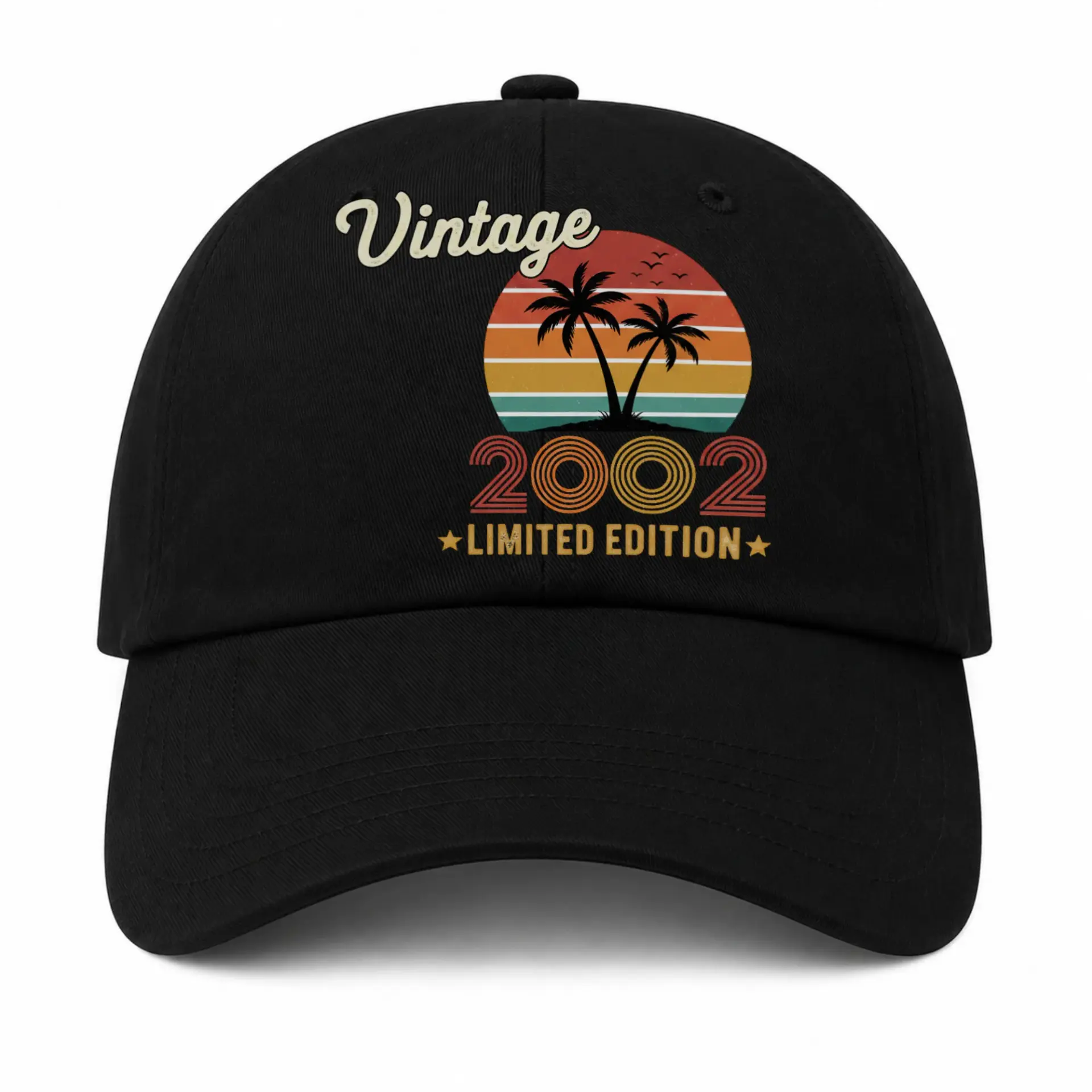 Baseball Cap Vintage 2002 Limited Edition Retro Sunset Palm Tree Graphic