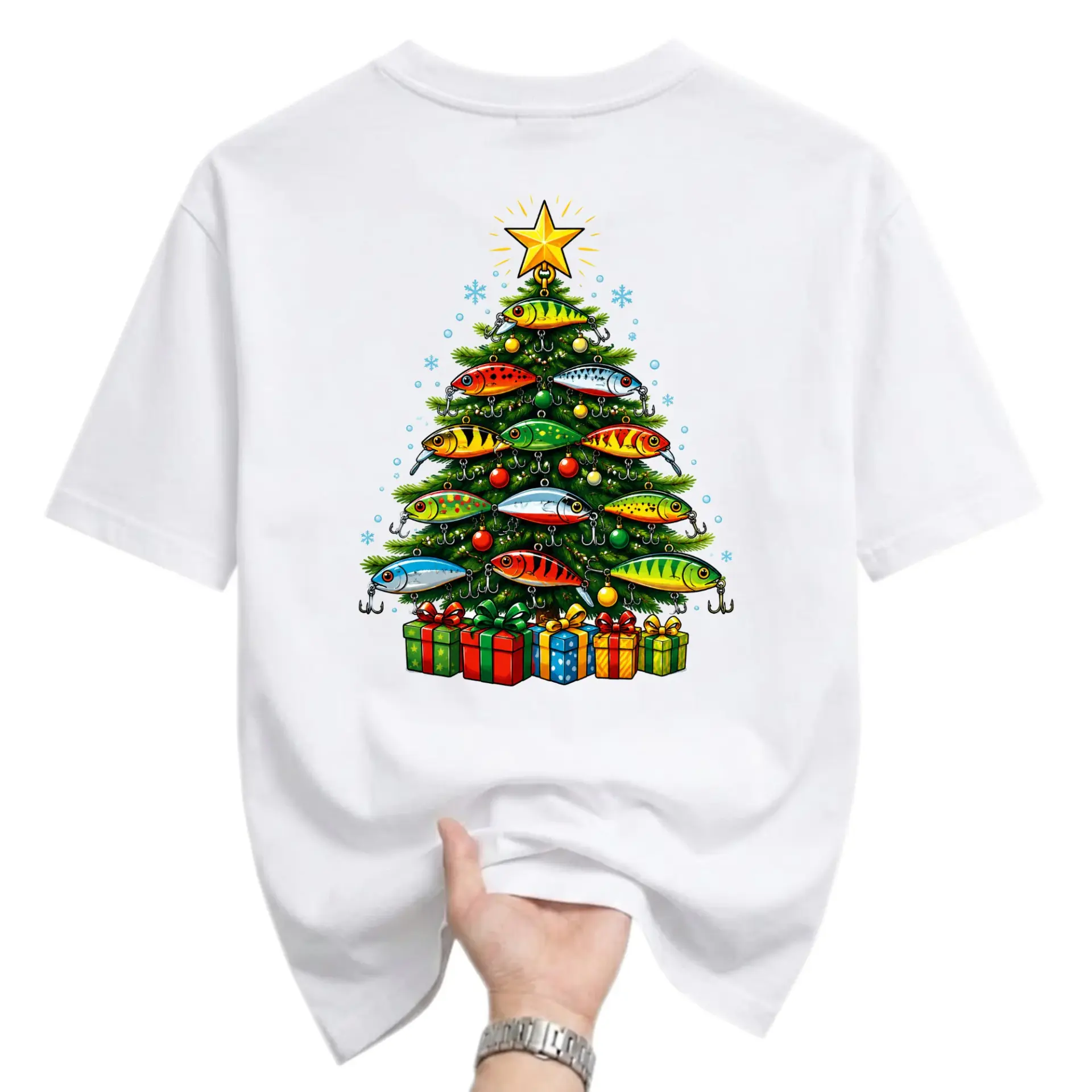 Funny Shirt Christmas Tree Made of Fishing Lures Graphic Tee Unisex Short