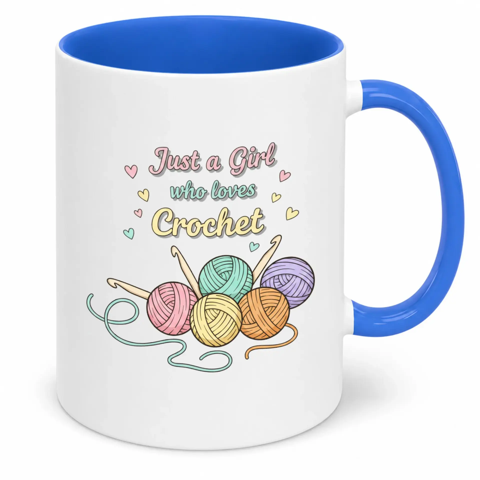 Funny Crochet Ceramic Coffee Mug Just a Girl Who Loves Yarn and Hooks Design White Blue Hobby Themed Drinkware Gift