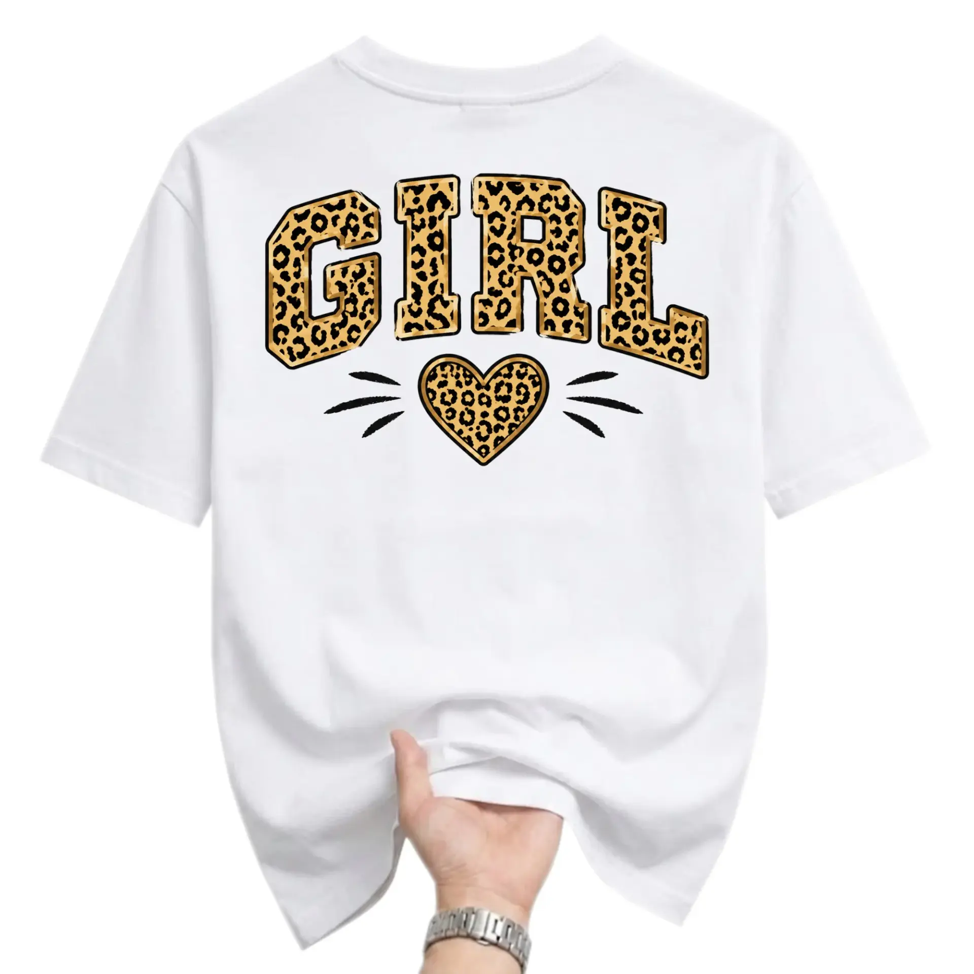 Graphic Tee Unisex Crew Neck T-Shirt with Leopard Print Girl Text and Heart