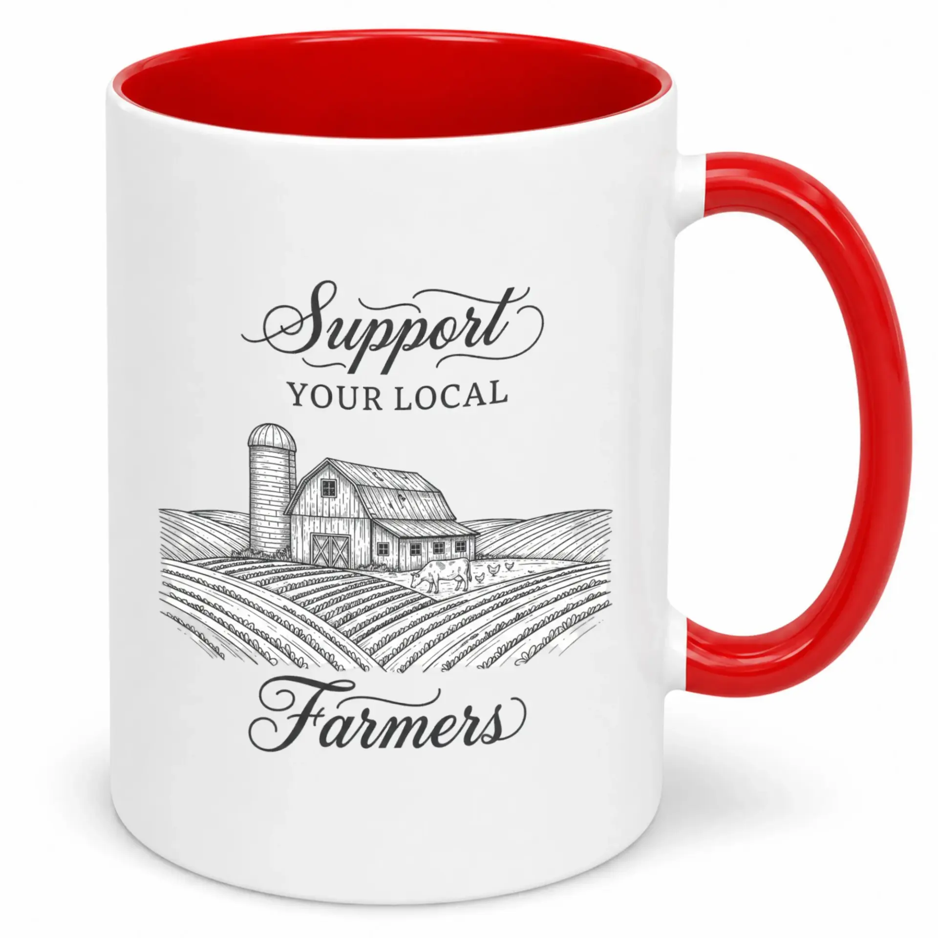 Ceramic Coffee Mug Support Your Local Farmers Design Kitchen Drinkware Agriculture Themed Gift for Men and Women 11 Oz or 15 Oz White with Red Handle