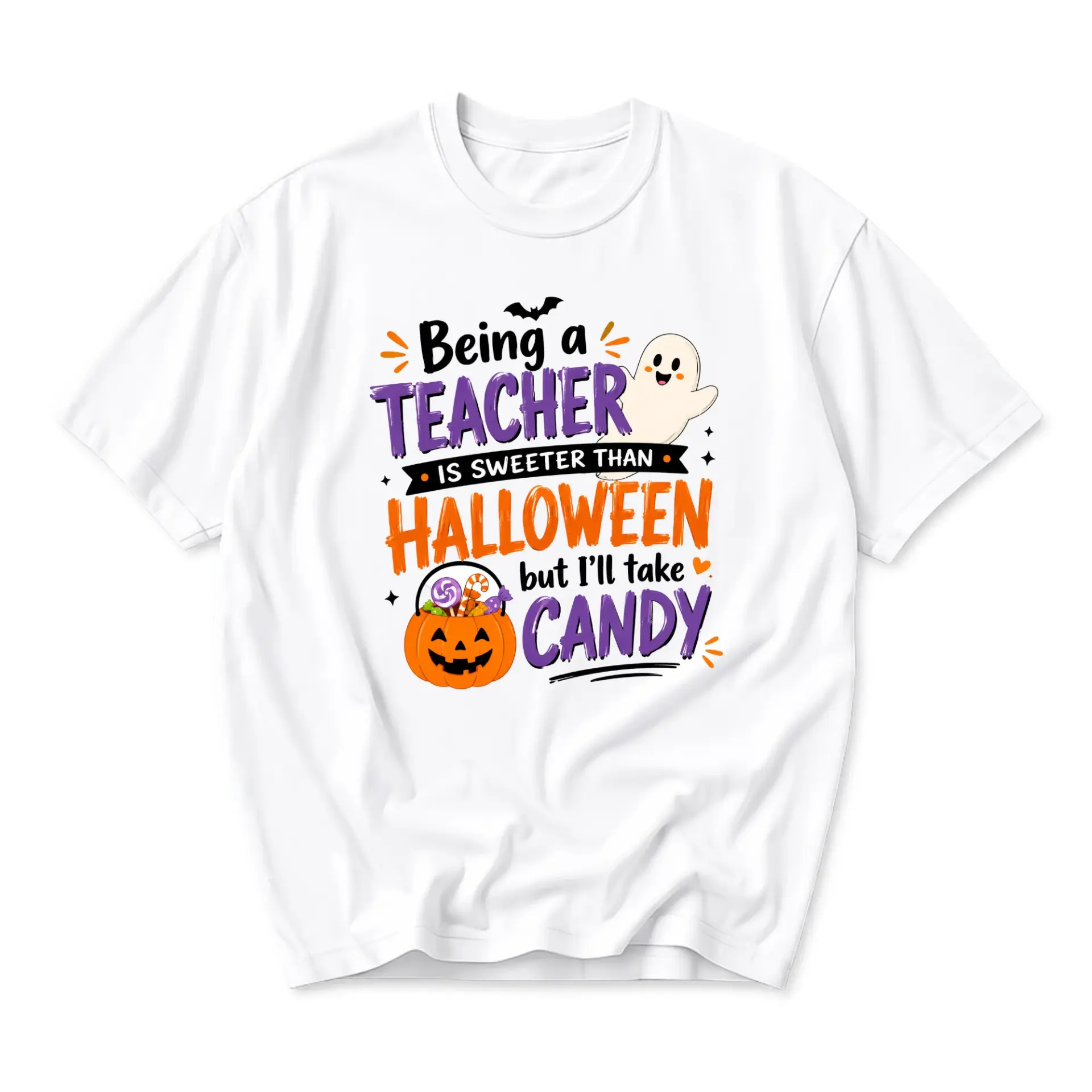 Funny Shirt Being a Teacher Is Sweeter Than Halloween Candy Graphic Tee Unisex Crew Neck Seasonal Casual Apparel