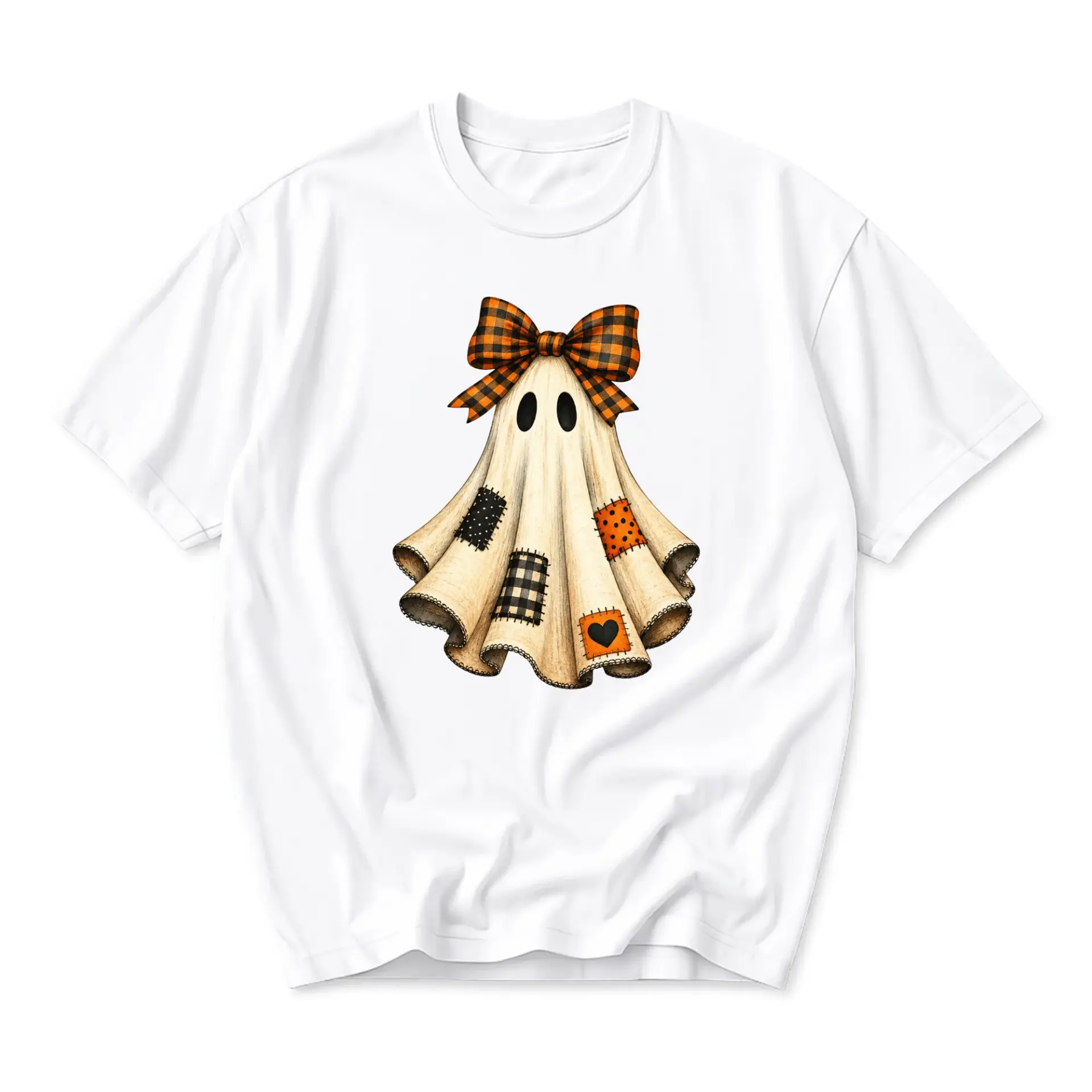 Graphic Tee Unisex Ghost Shirt with Plaid Bow and Patches Cute Seasonal Apparel Casual Soft Cotton Blend Crew Neck
