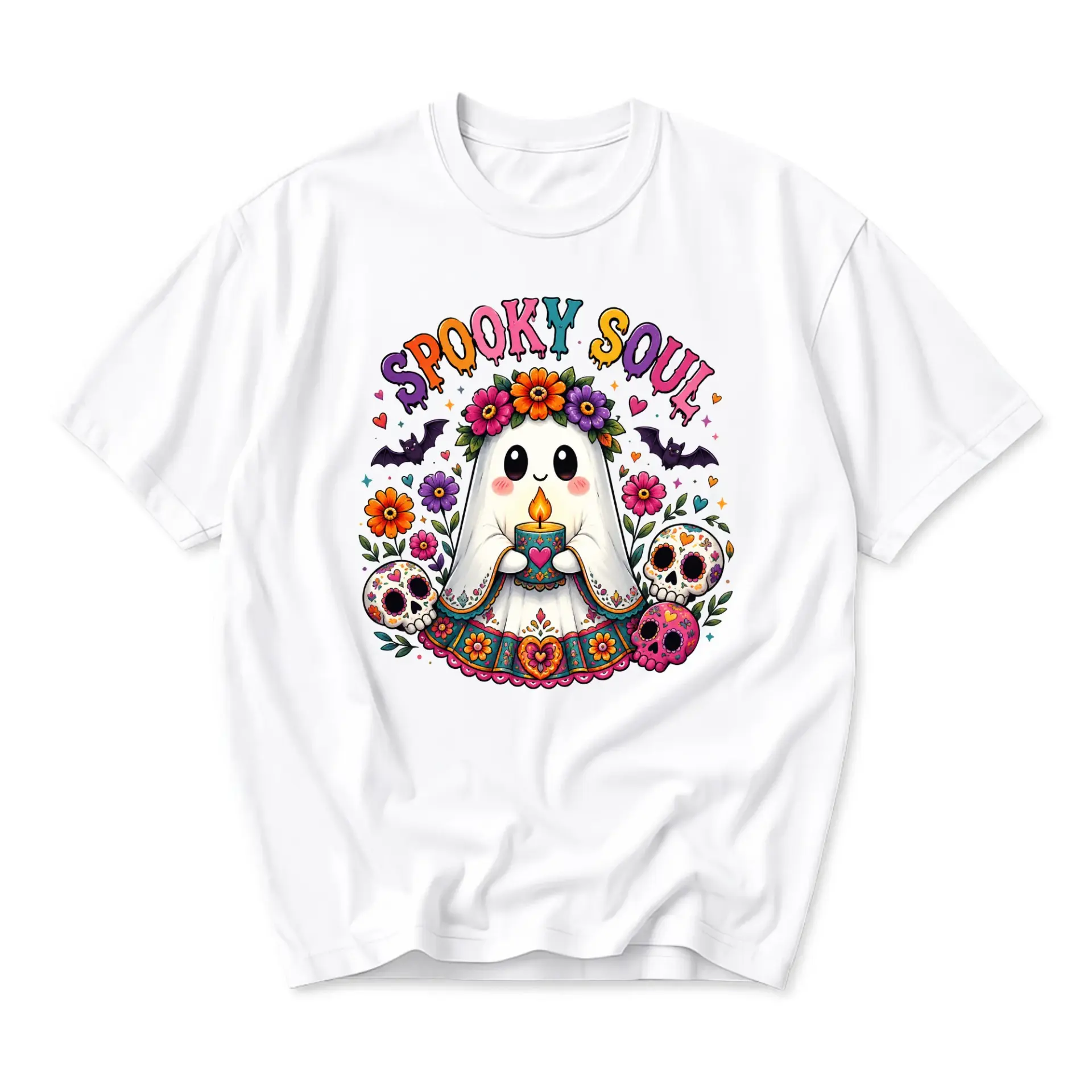 Spooky Soul Graphic Tee Unisex Casual Crew Neck T-Shirt Featuring Colorful Floral Ghost Design for Everyday Wear