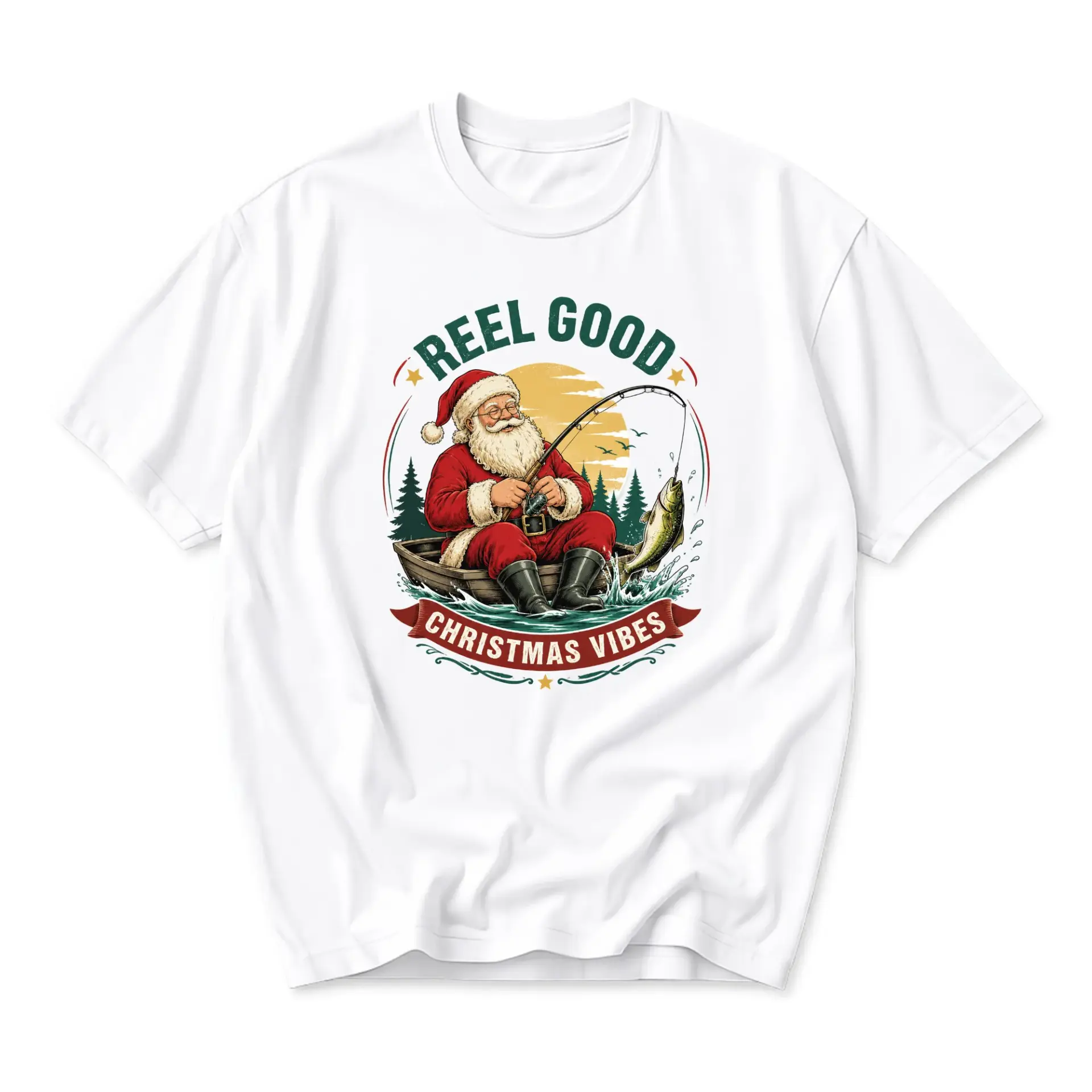 Funny Shirt Reel Good Christmas Fishing Santa Graphic Tee Holiday Season