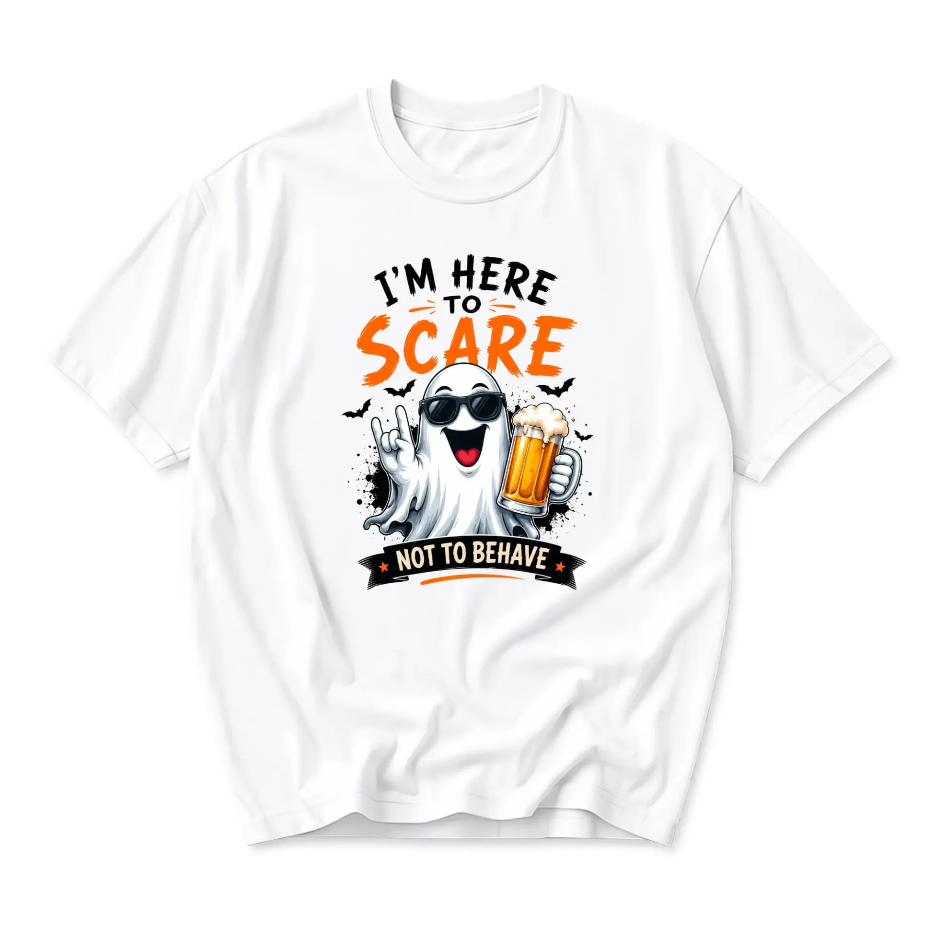 Funny Shirt Unisex Graphic Printed T-Shirt I Am Here to Scare Not to Behave Ghost Design Casual Everyday Crewneck Top