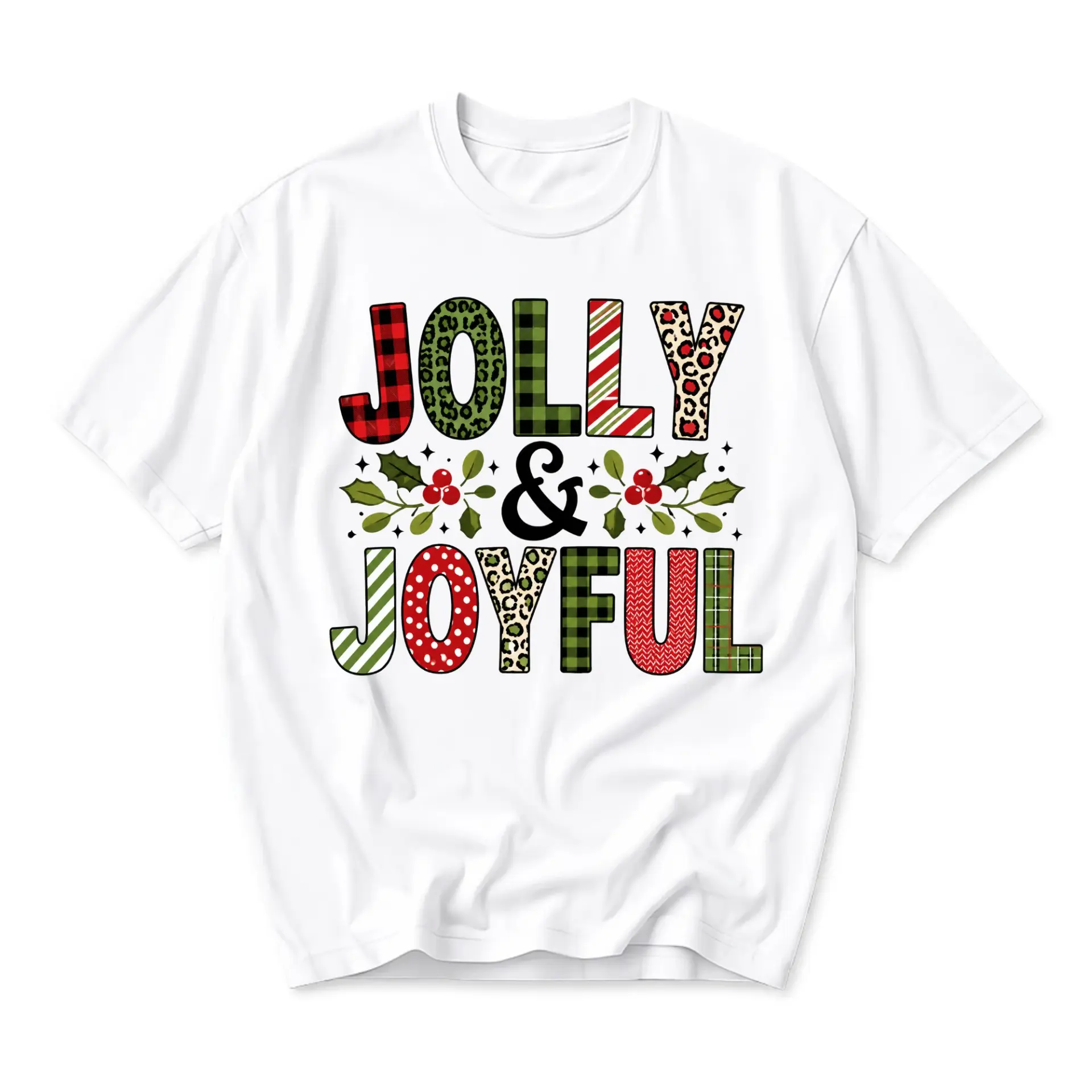 Graphic Tee Jolly and Joyful Christmas Holiday Shirt Unisex Crew Neck Soft Cotton Blend Casual Seasonal Apparel