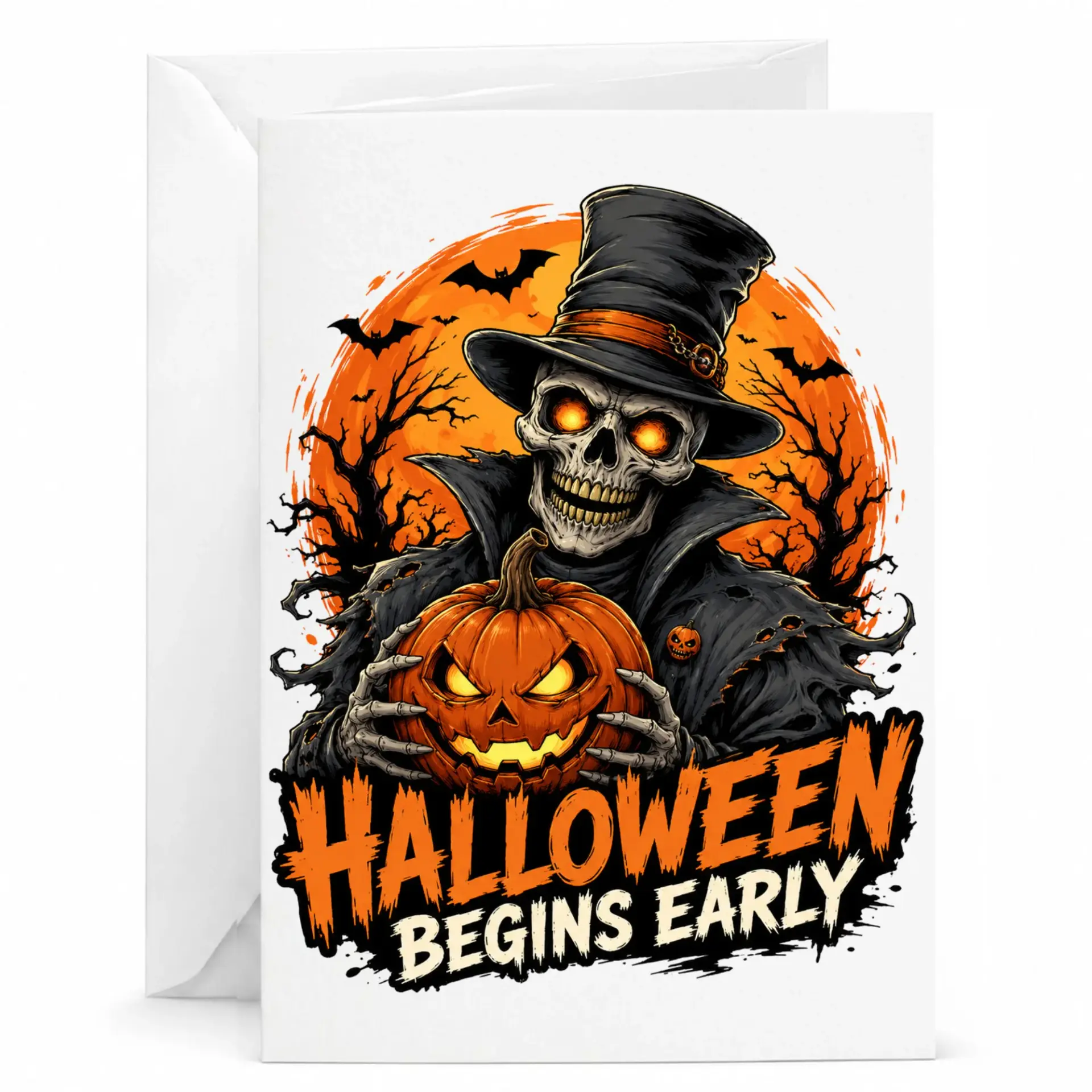 Halloween Greeting Card Spooky Skeleton Pumpkin Illustration for Autumn Seasonal 5x7 Folded Note