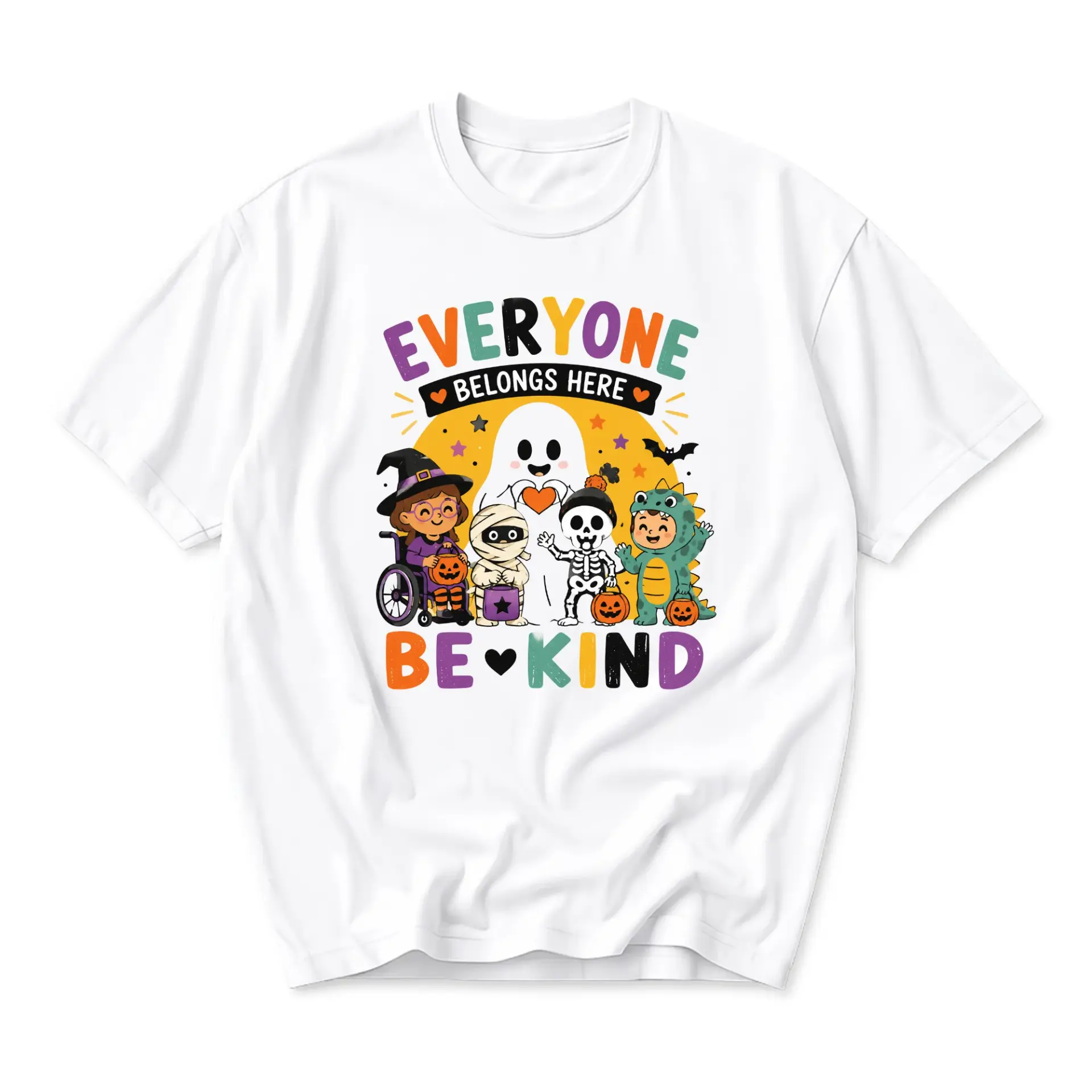 Graphic Tee Everyone Belongs Here Be Kind Halloween Shirt Cute Characters Unisex Crew Neck Short Sleeve Top