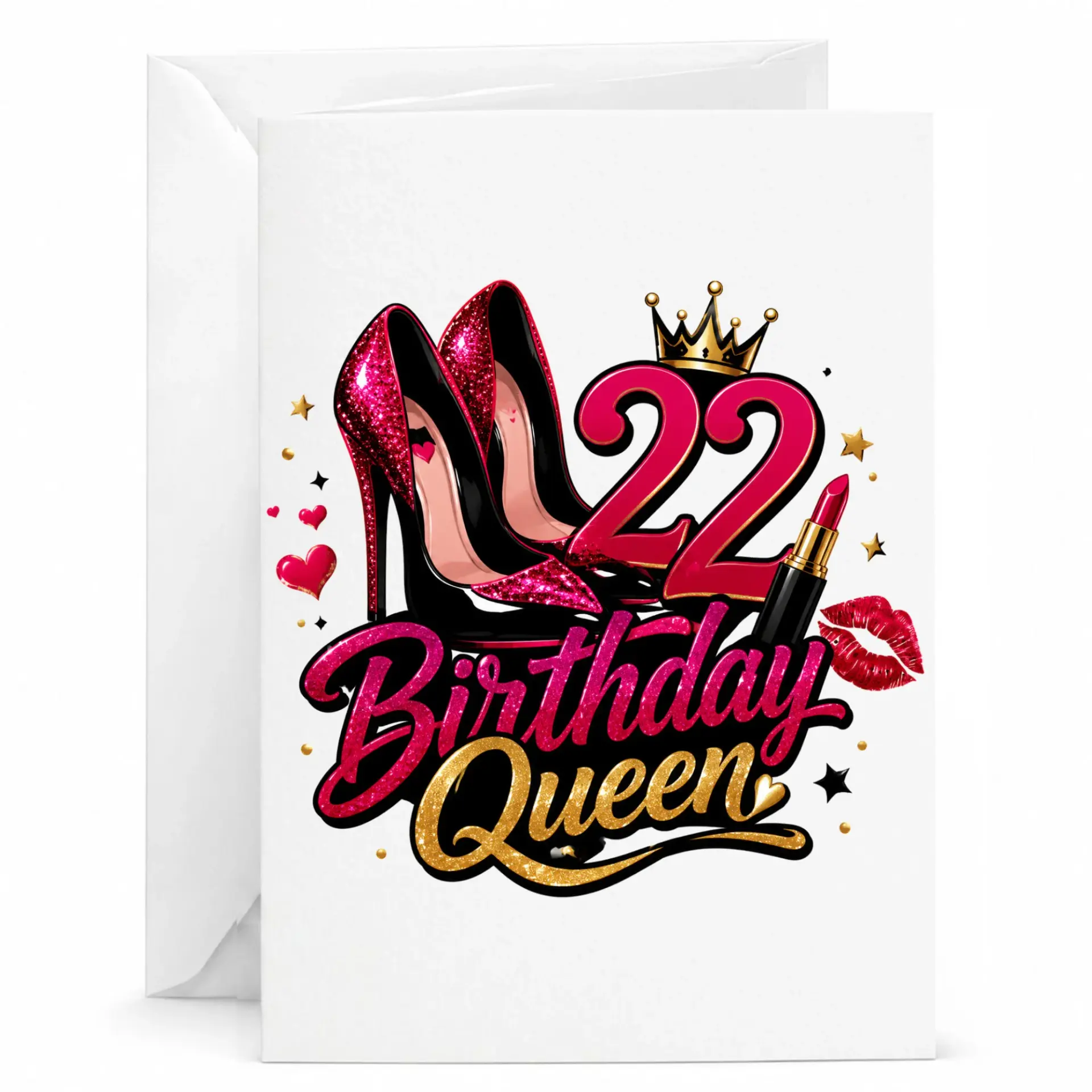 Birthday Card for Her 22nd Birthday Queen Greeting Card with Heels and Lipstick Design for Fashionable Birthday Celebration