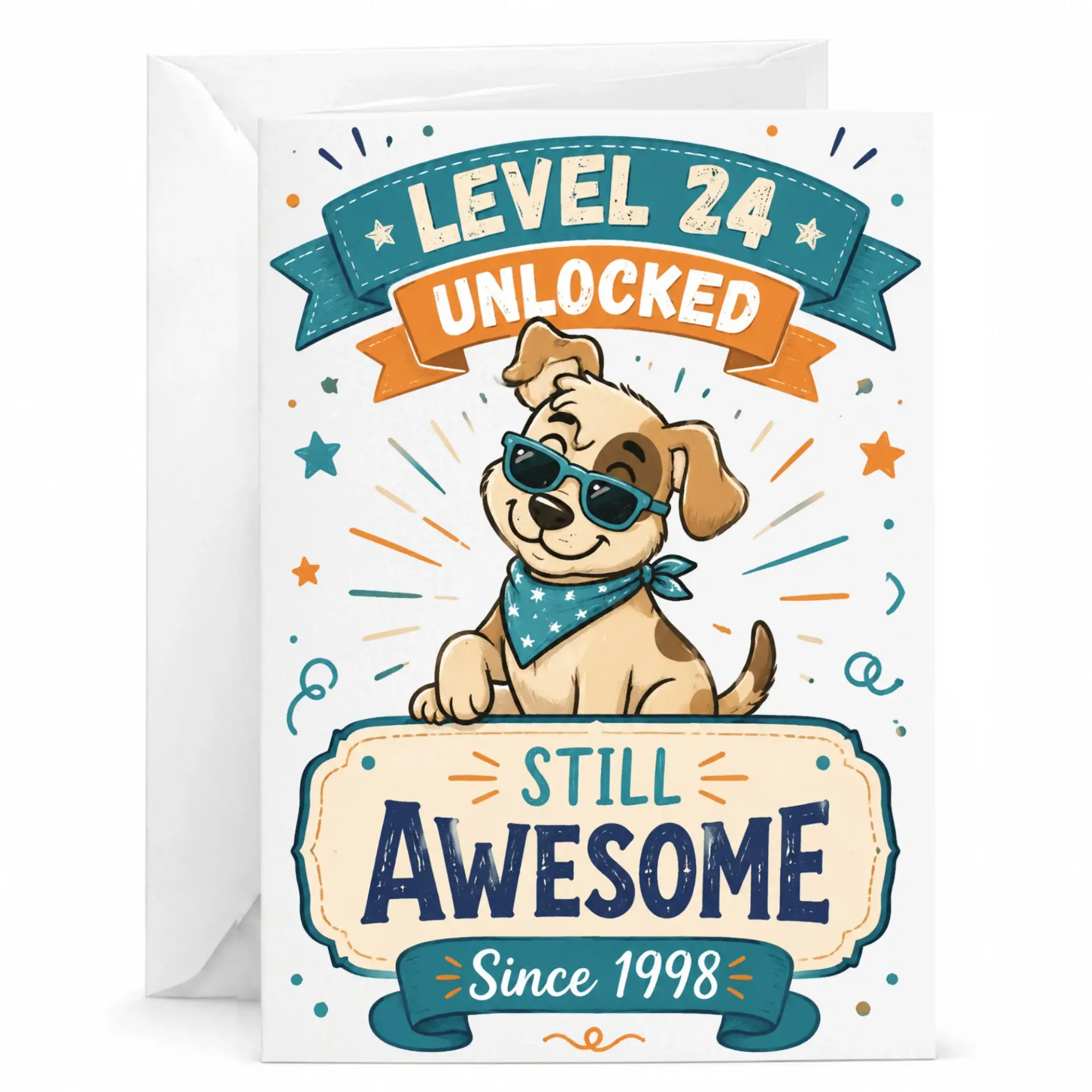 Birthday Card Level 24 Unlocked Funny Puppy Design for 24th Birthday Celebration Greeting Card with White Envelope