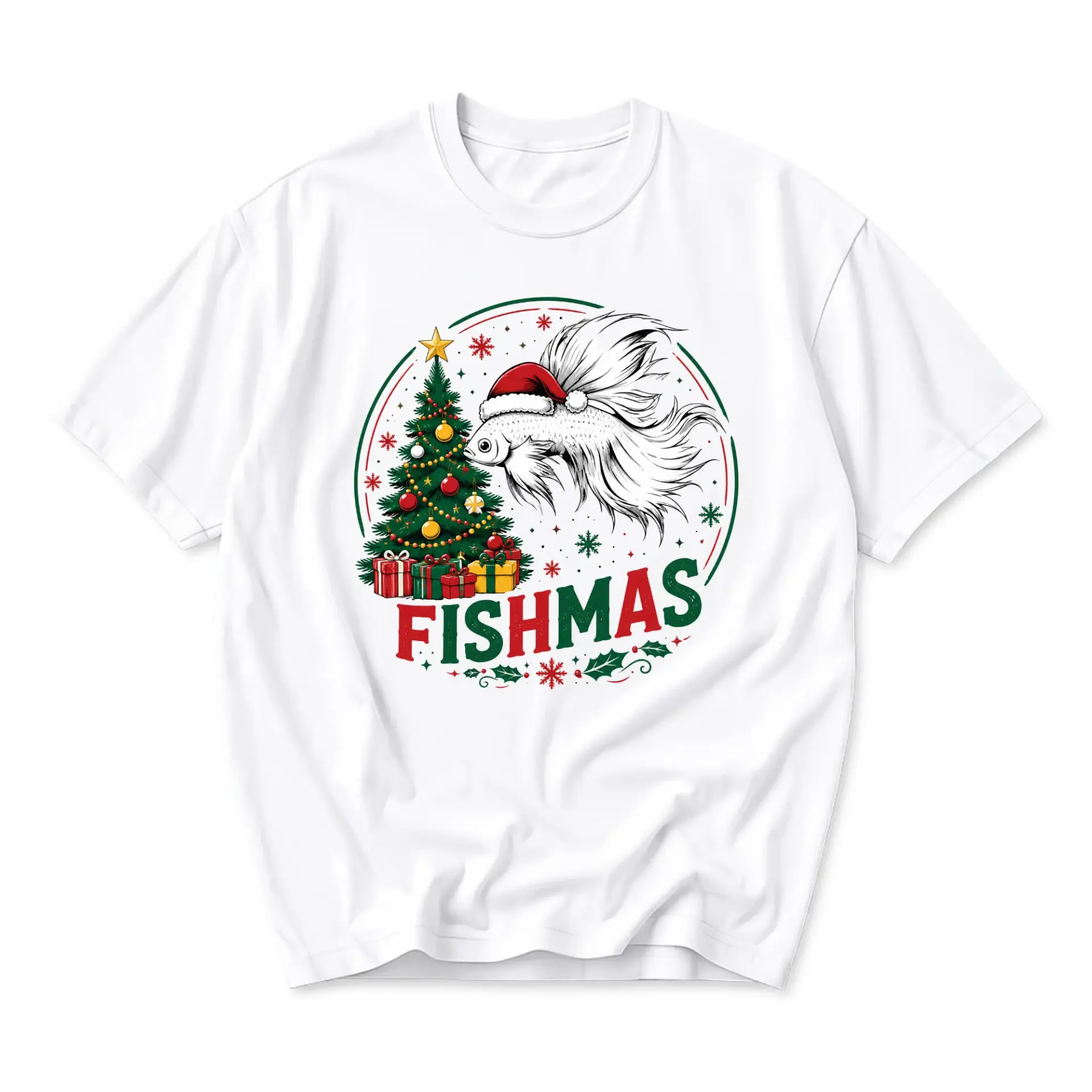 Funny Shirt Fishmas Unisex Graphic Printed T-Shirt Featuring a Festive Fish with Christmas Tree and Presents