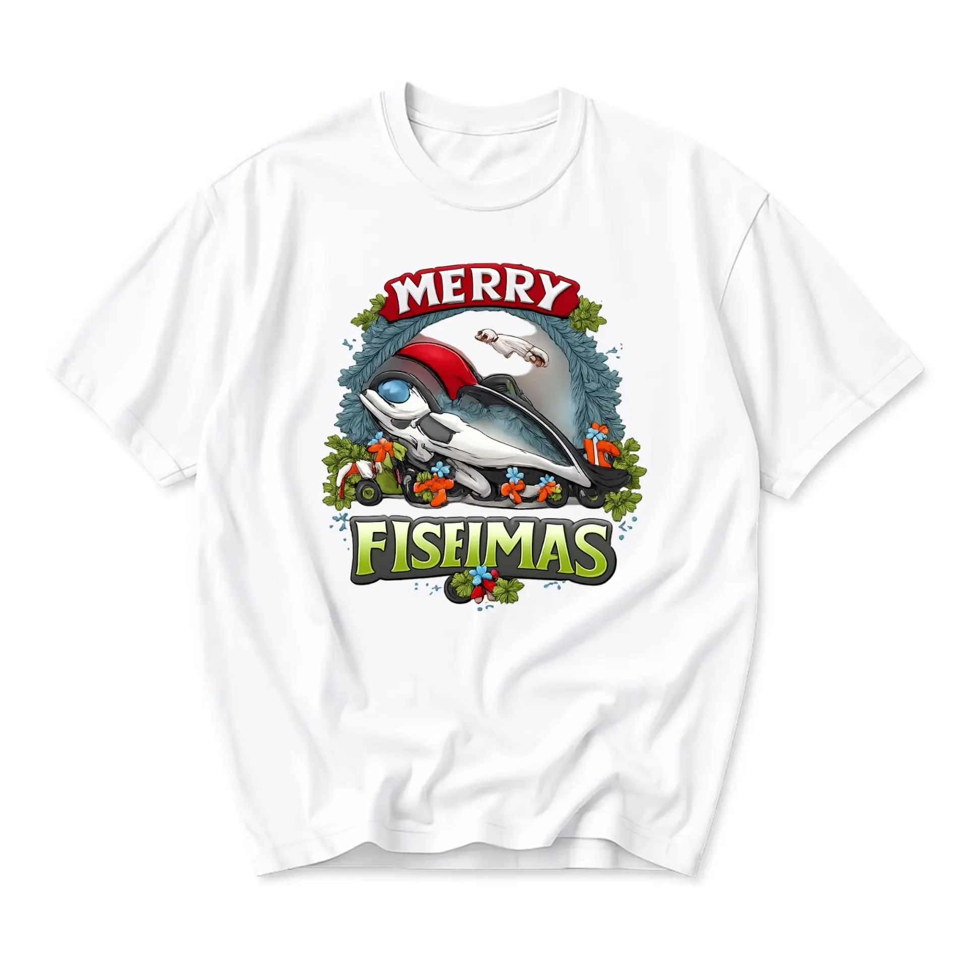 Funny Shirt Merry Fiseimas Holiday Graphic Tee Unisex Crew Neck Short Sleeve Casual Cotton Blend Apparel White