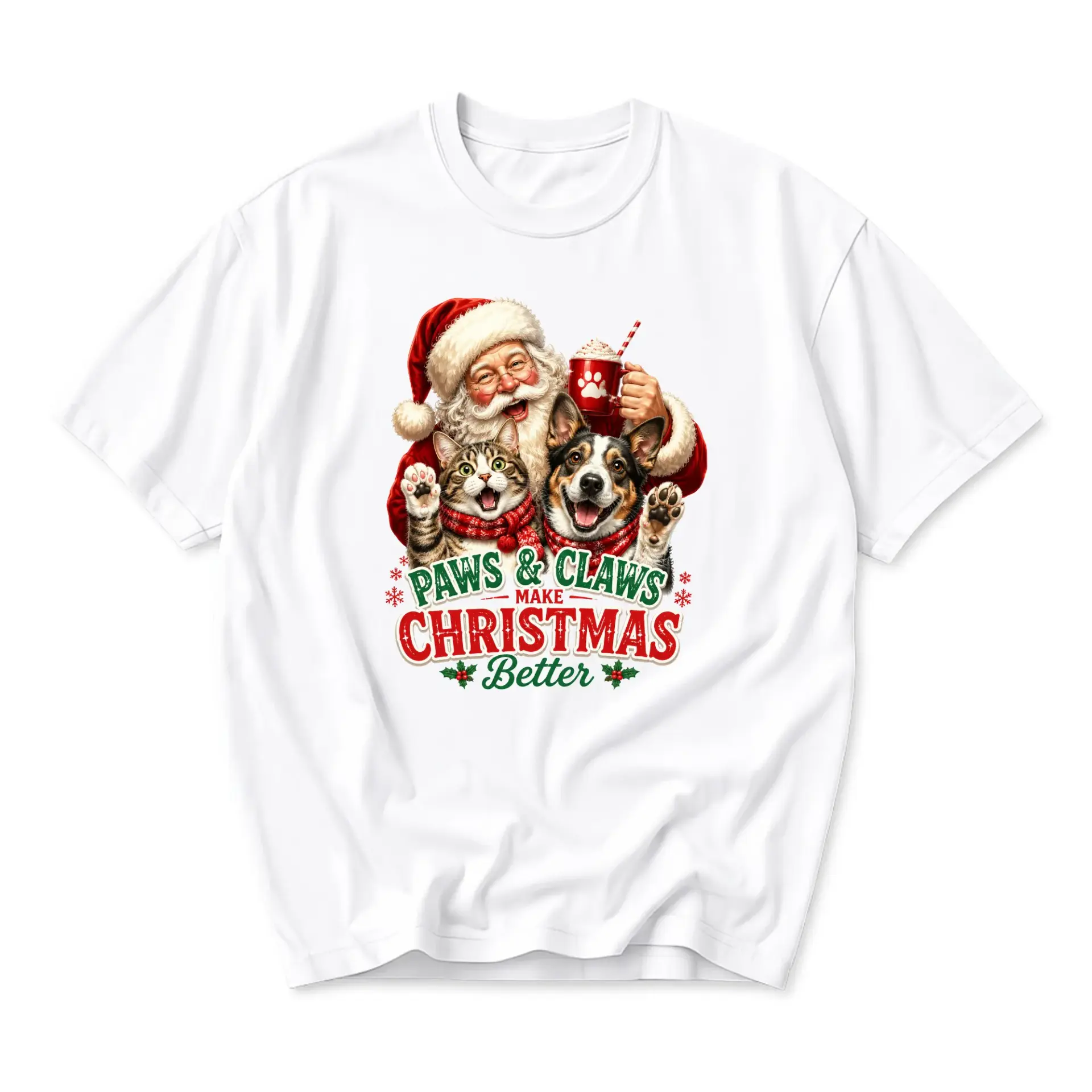 Funny Shirt Paws and Claws Christmas Graphic Tee Unisex Holiday Crew Neck