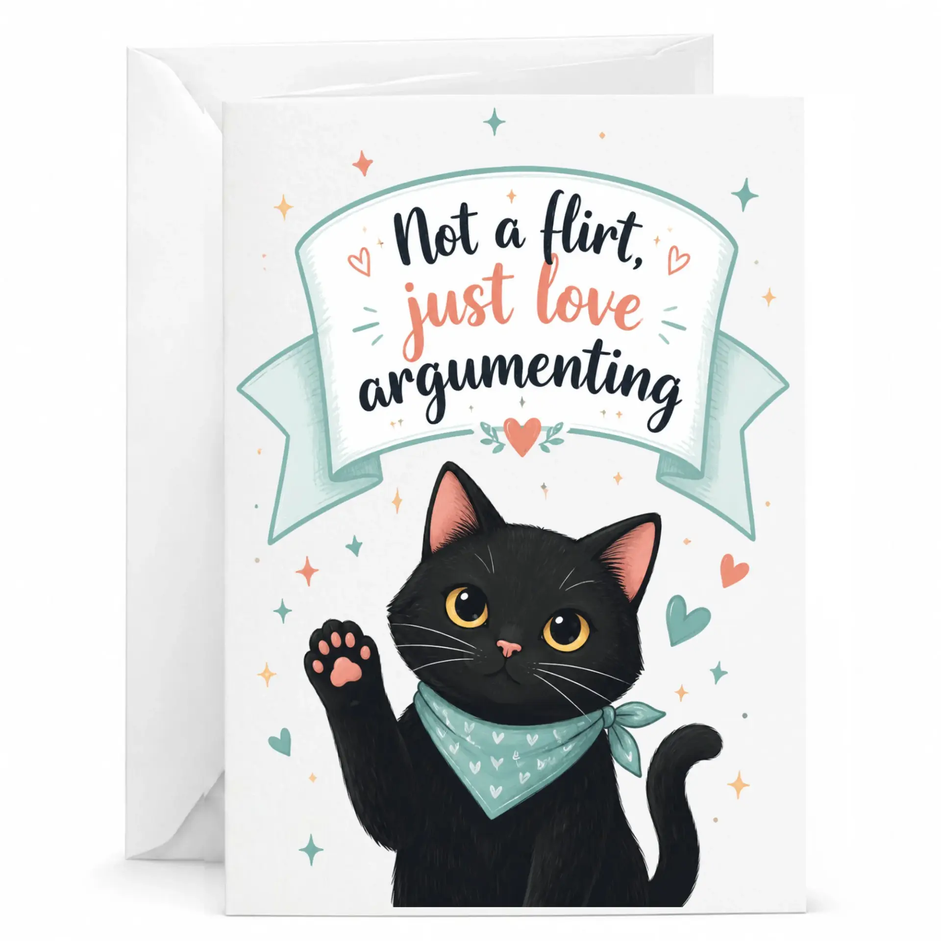 Funny Cat Greeting Card Flirt Just Love Argumenting Whimsical Illustration Stationary for Any
