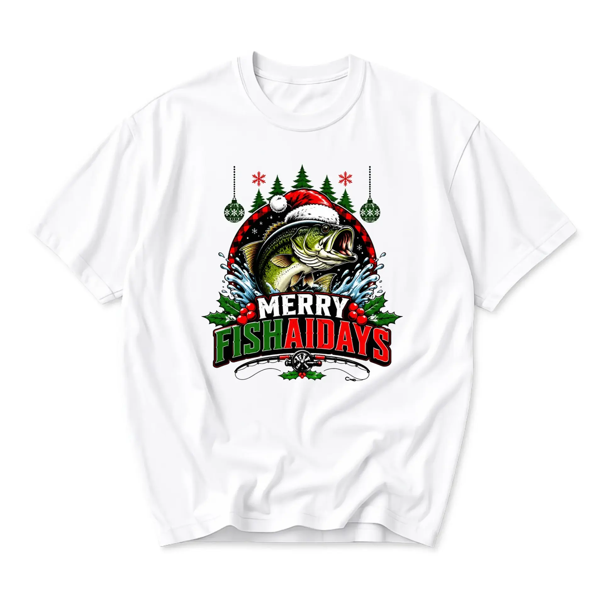 Funny Shirt Merry Fish-Aidays Christmas Fishing Graphic Tee Unisex Short Sleeve Casual Holiday Apparel White