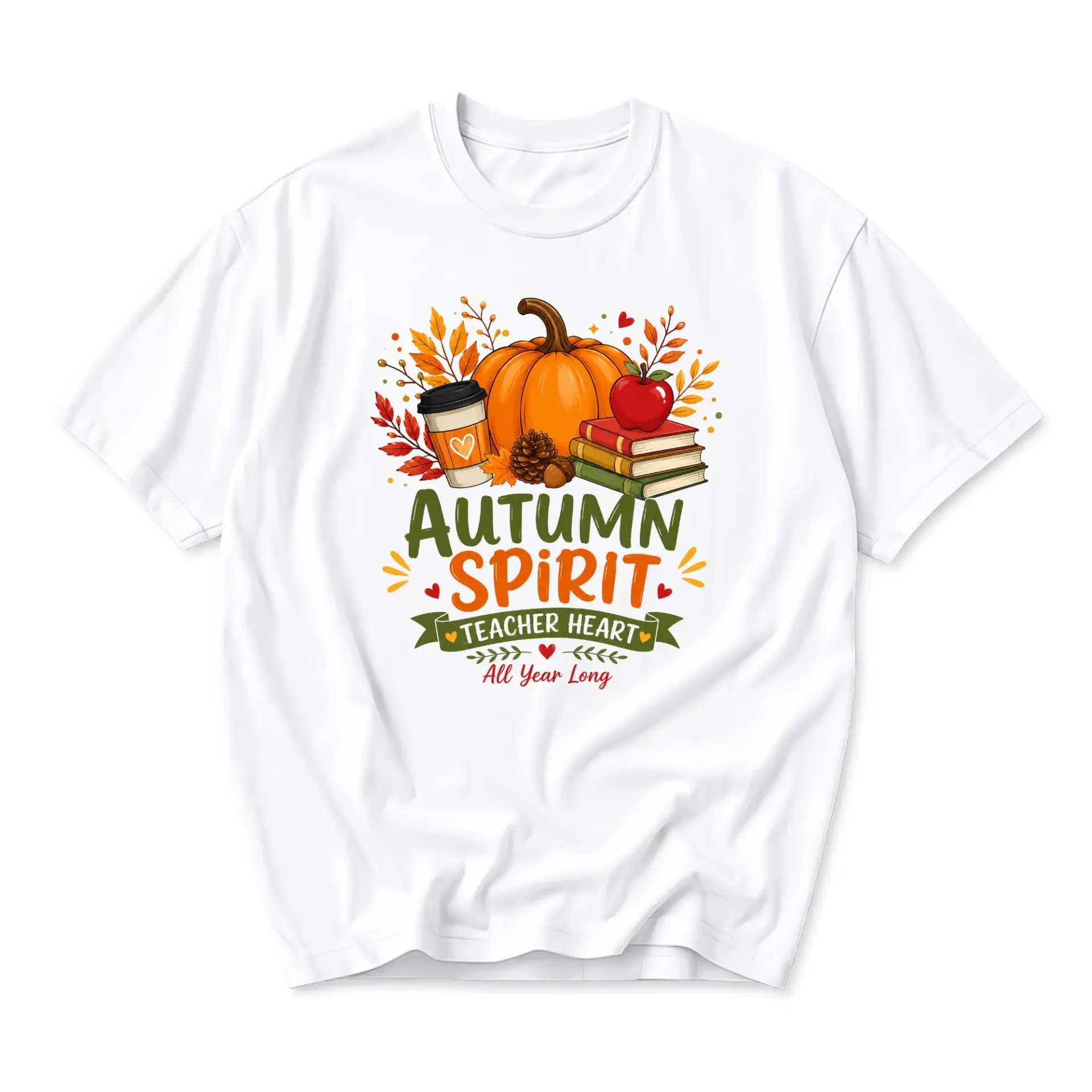 T-shirt Autumn Spirit Teacher Heart Graphic Tee Seasonal Fall Theme Unisex Crew Neck Short Sleeve Cotton Casual Shirt