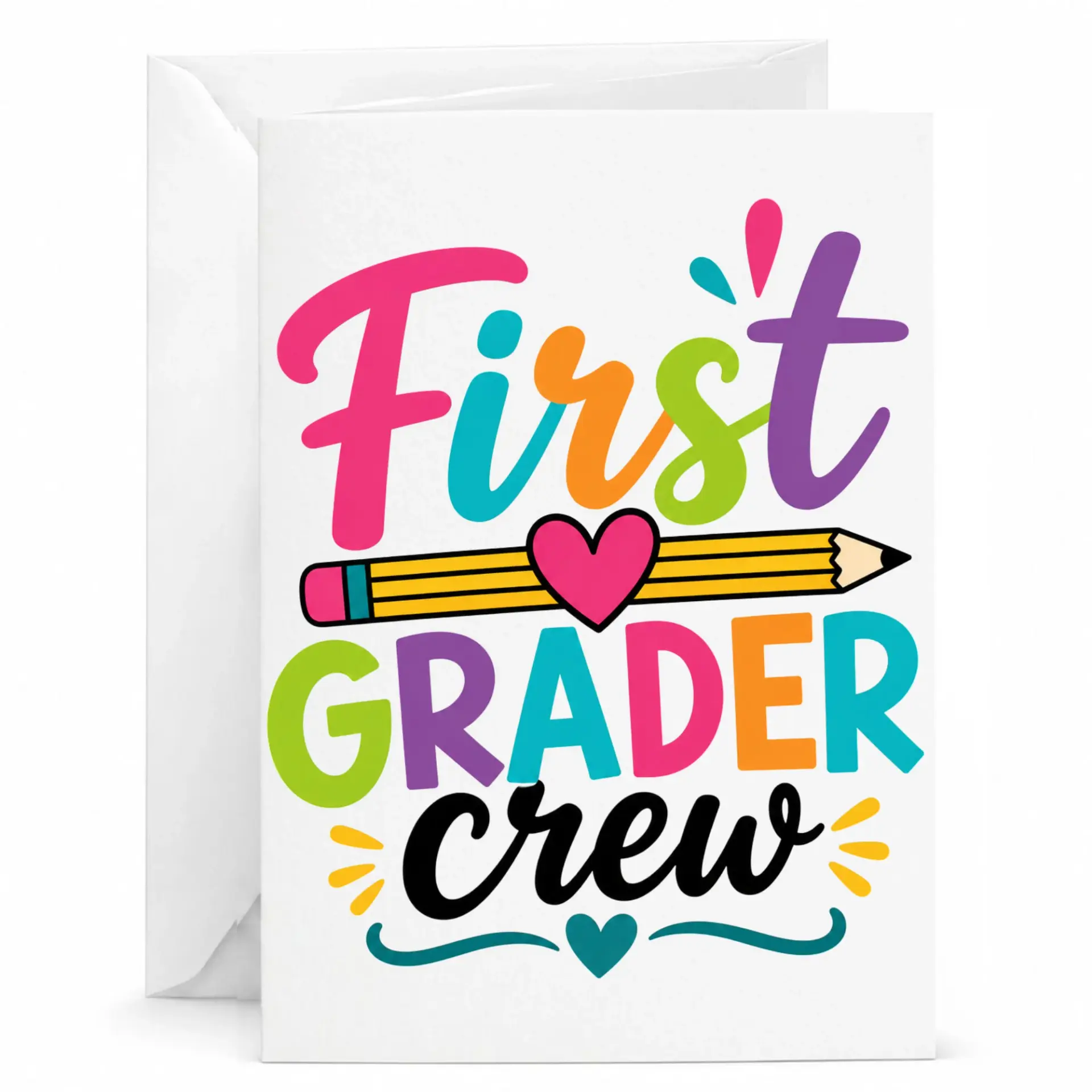 Greeting Card First Grader Crew Colorful Typography Design with Pencil Graphic and Hearts for Academic