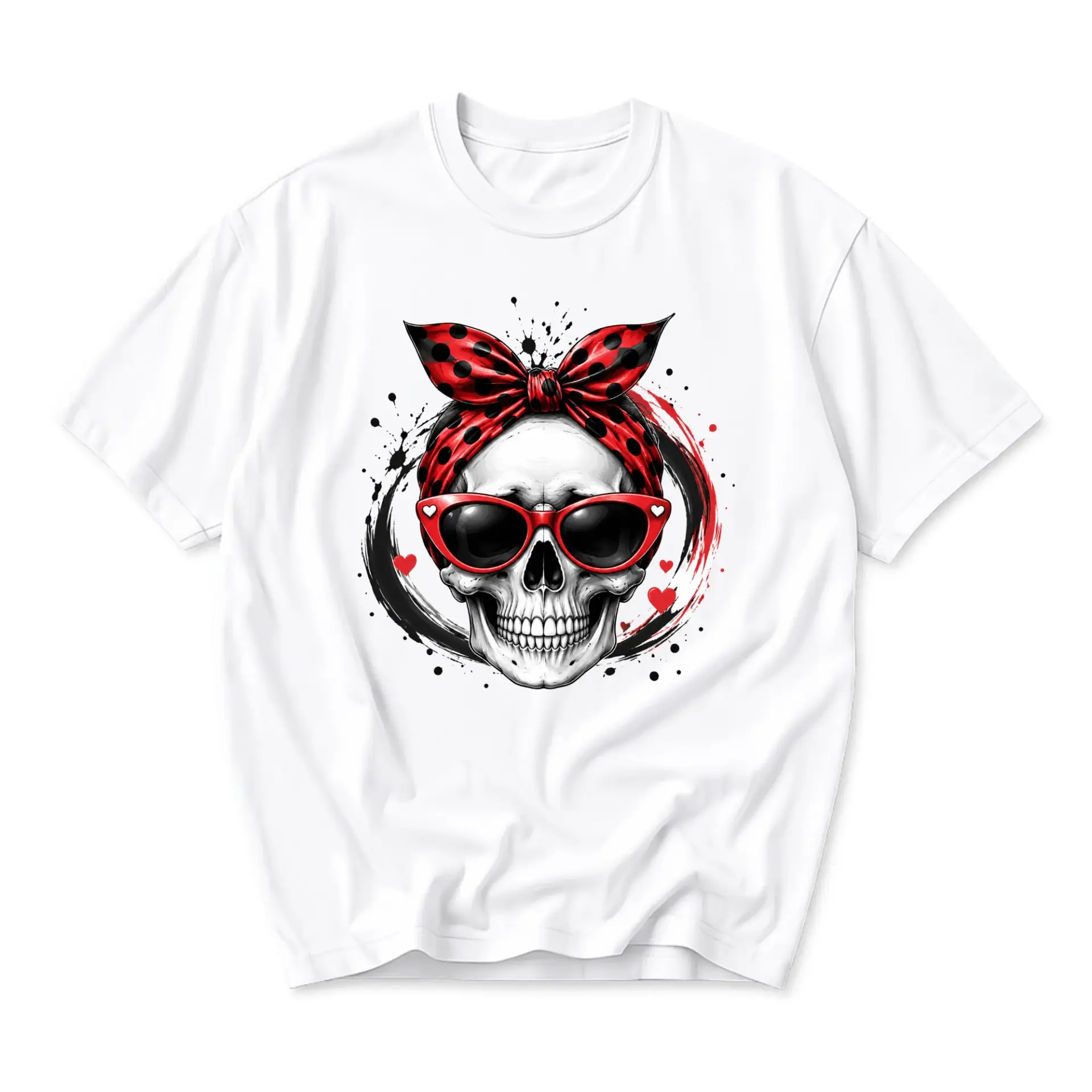 Graphic Tee Unisex Crew Neck T-Shirt Featuring a Trendy Skull with Red Polka Dot Bow and Retro Sunglasses Print